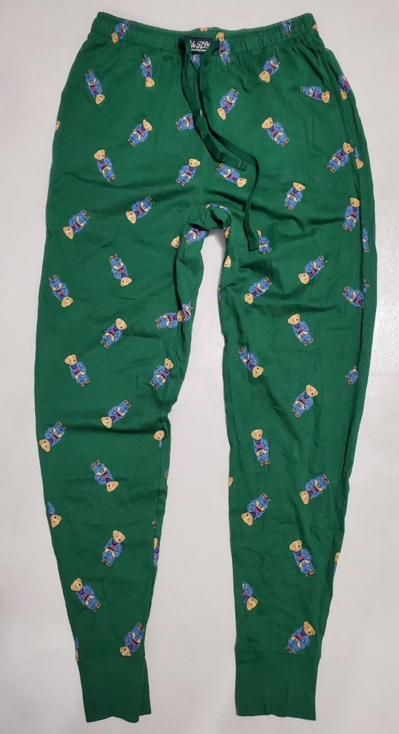 POLO RALPH LAUREN DRAWSTRING WAIST MENS POLO BEAR GREEN & RED PAJAM SET: (M)