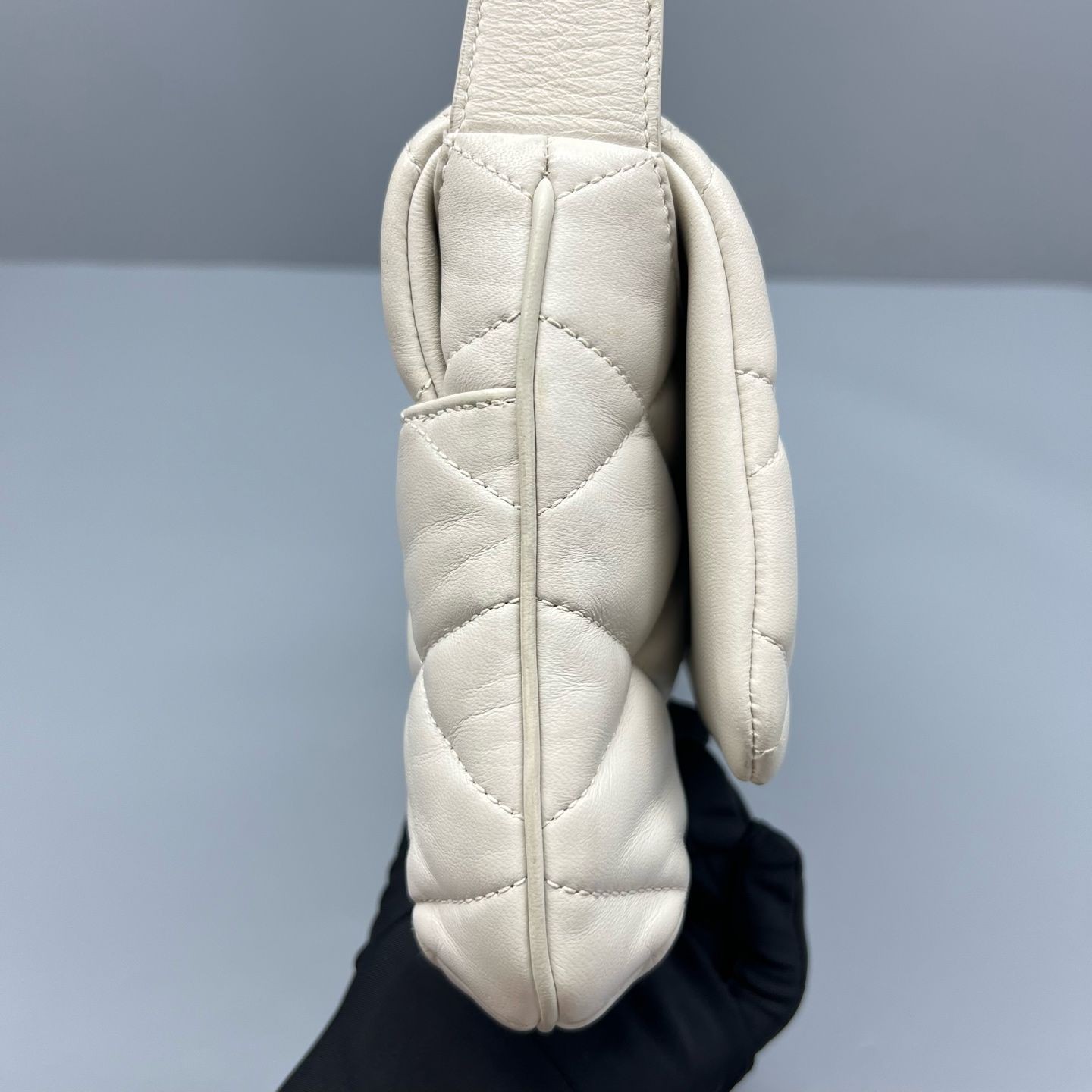Saint Laurent Puffer Hobo Shoulder Bag White Leather GHW Adjustable Strap Auth