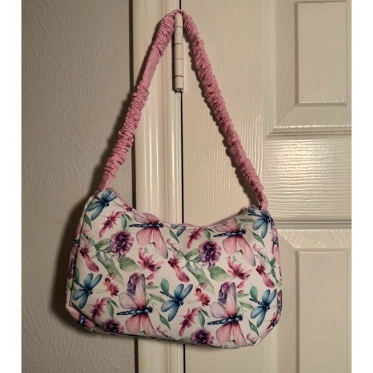Garden Inspired Shoulder Bag Small White Pink Dragonfly Floral Print Clutch