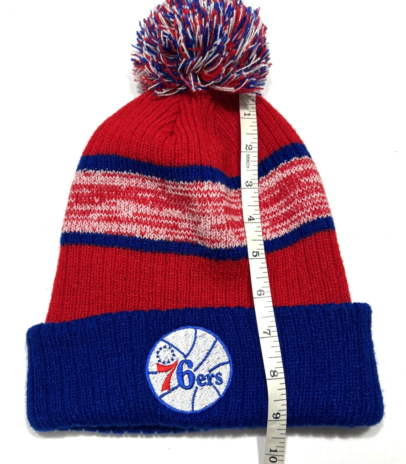 NWT KIPA FITS Red, White & Blue 76ers Foldover Beanie with Pom Pom – One Size