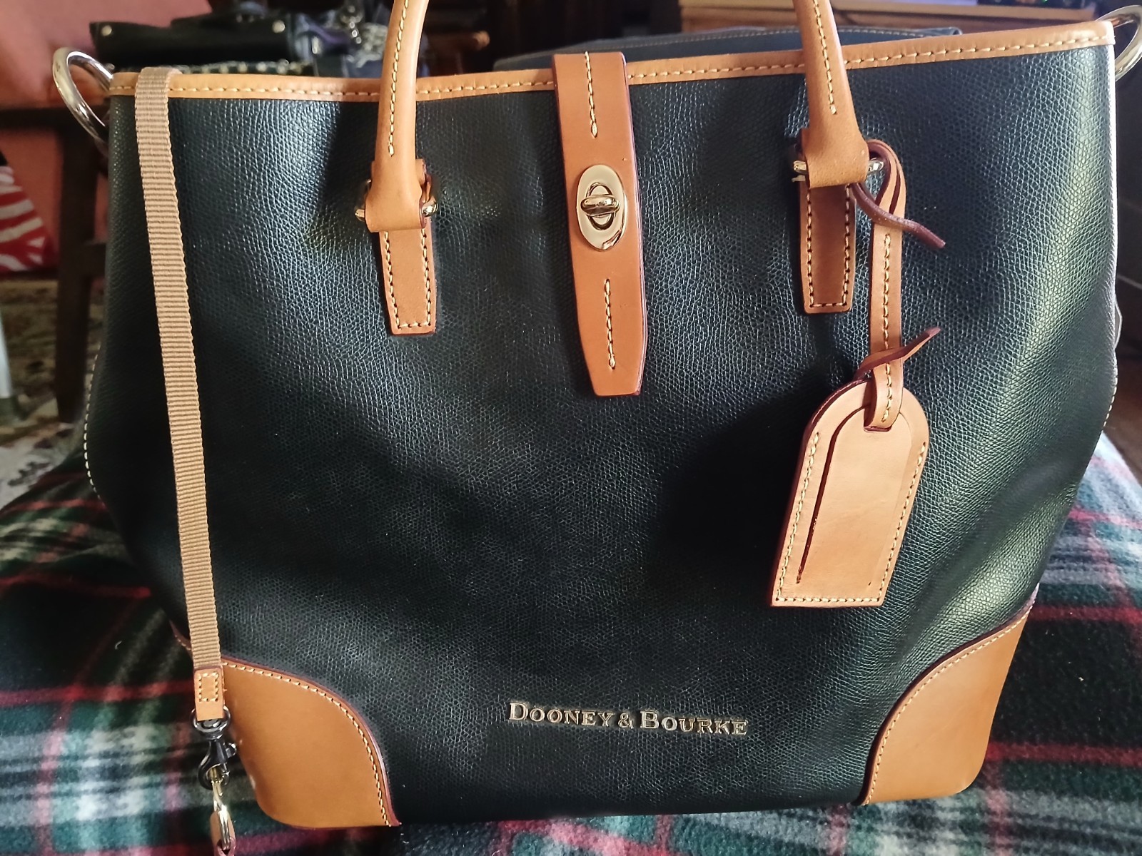 Dooney & Bourke Black Pebbled Satchel Top Handle Tan Strap Zip Turn Lock
