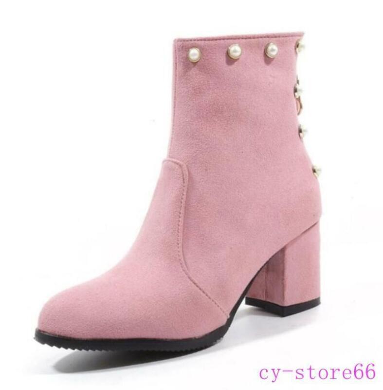 2026 Women Lady Beads Back Zip Ankle Boots Chunky Heel Pearls Shoes Pump Fashion