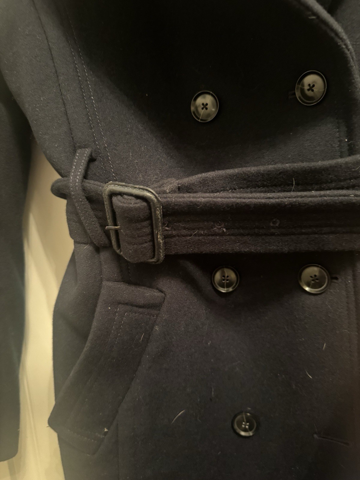 Banana Republic Mario Bellucci Long Wool Belted Trench Coat Navy Blue Medium