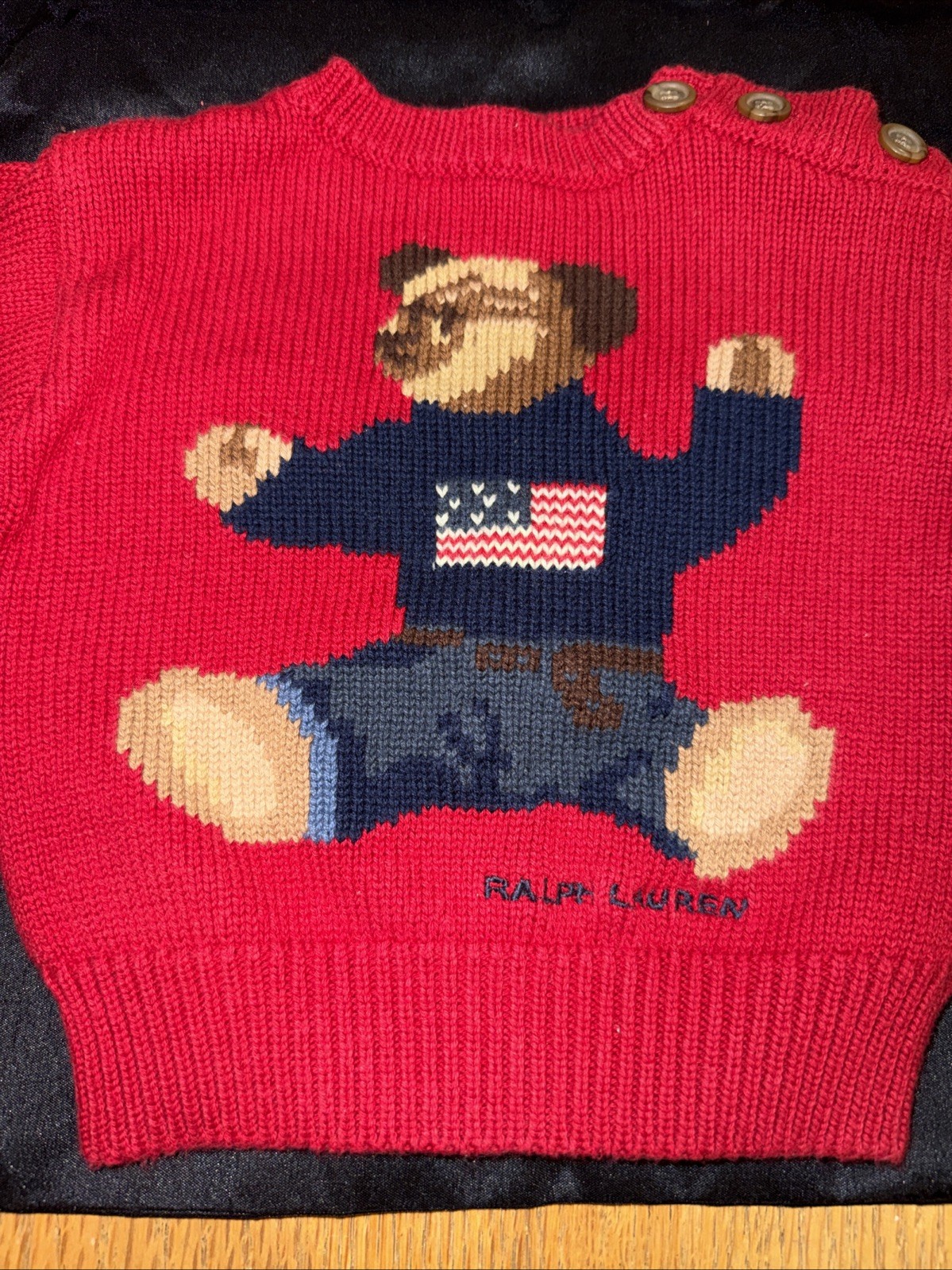Ralph Lauren Polo Bear With Flag 90’s Sweater Hand Framed Beautiful Rare 3m-12m