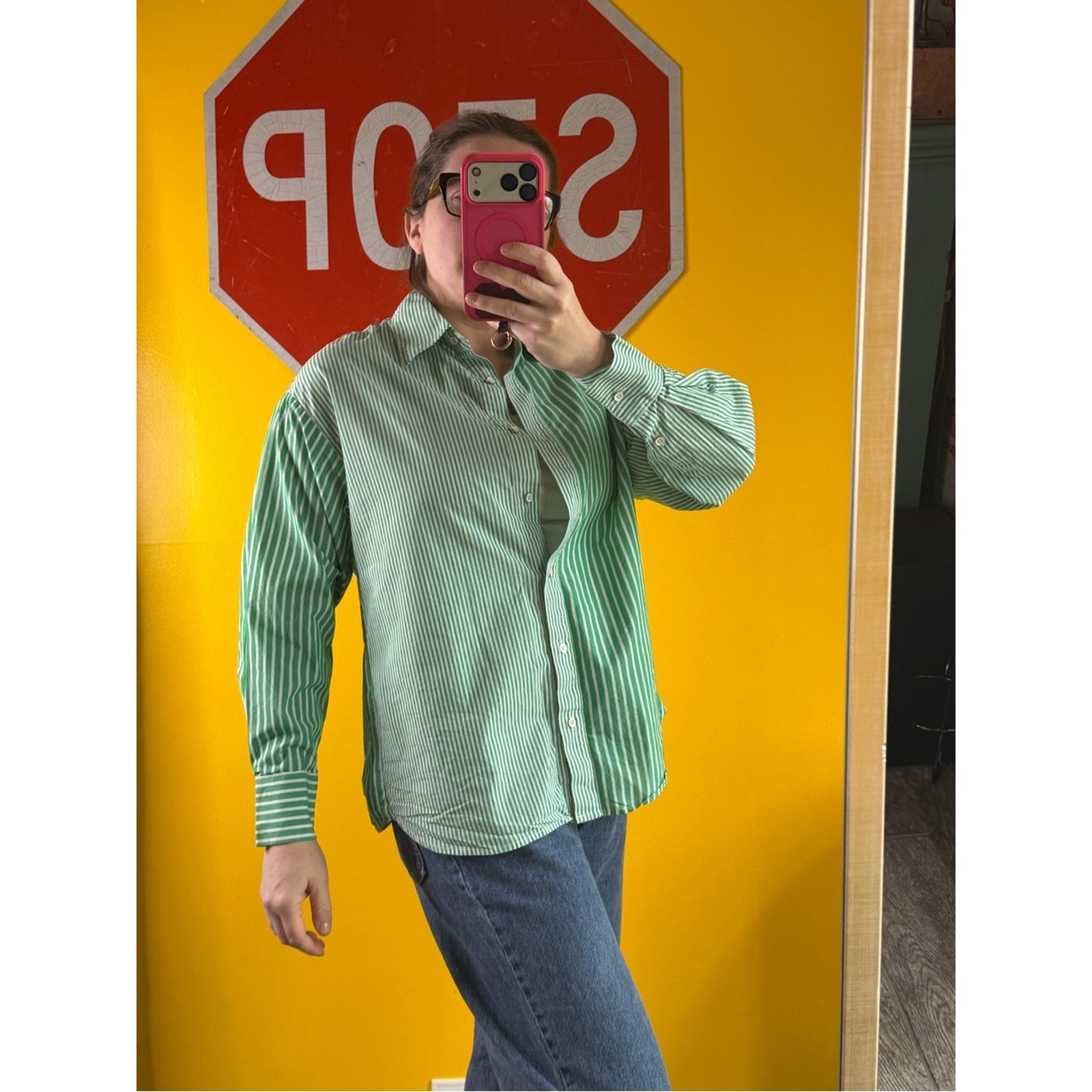 CAbi Green Striped oversized dads Shirt