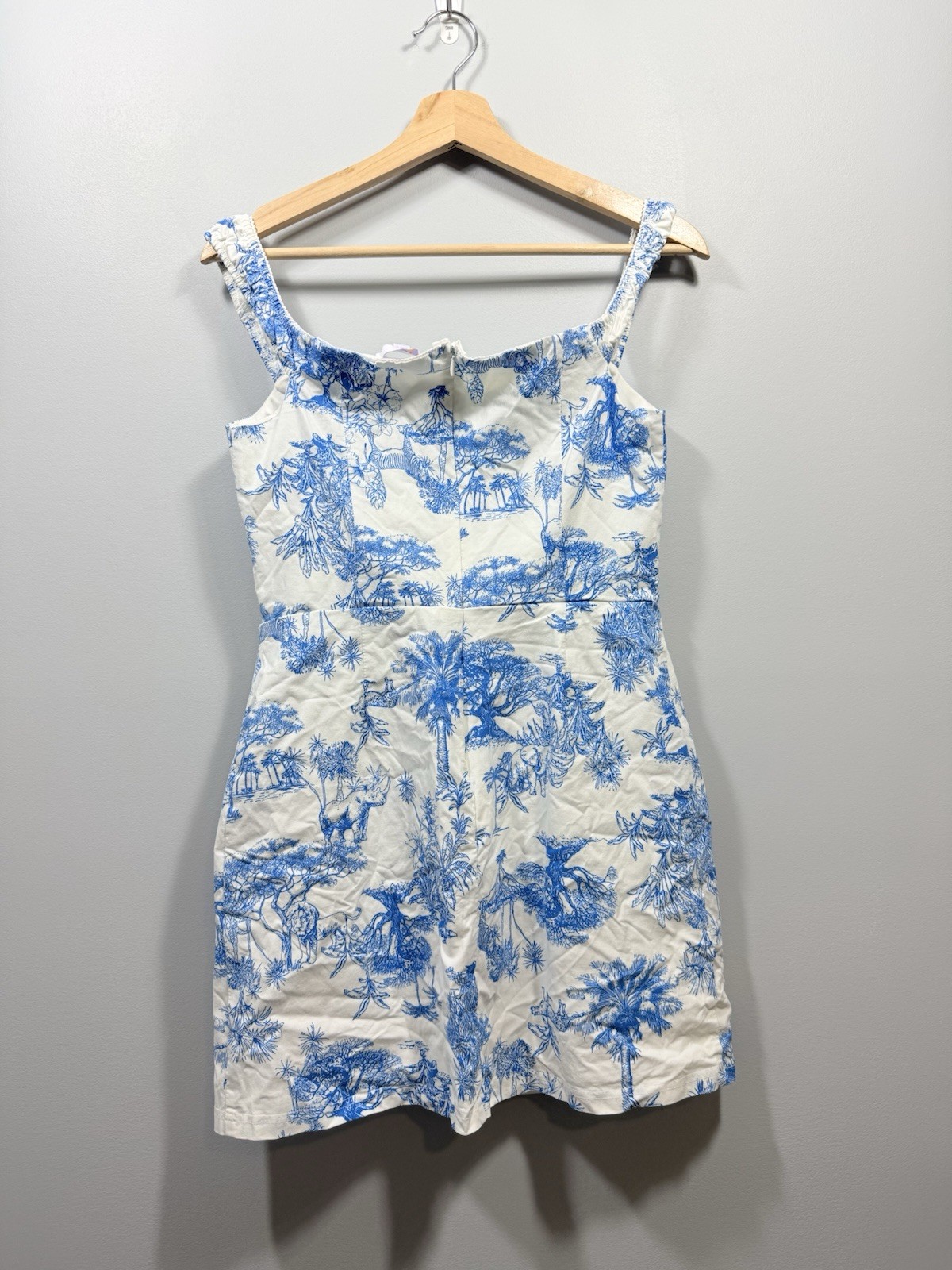 Iris White/Blue Safari Animal Print Square Neck Strappy Mini Dress Women’s L