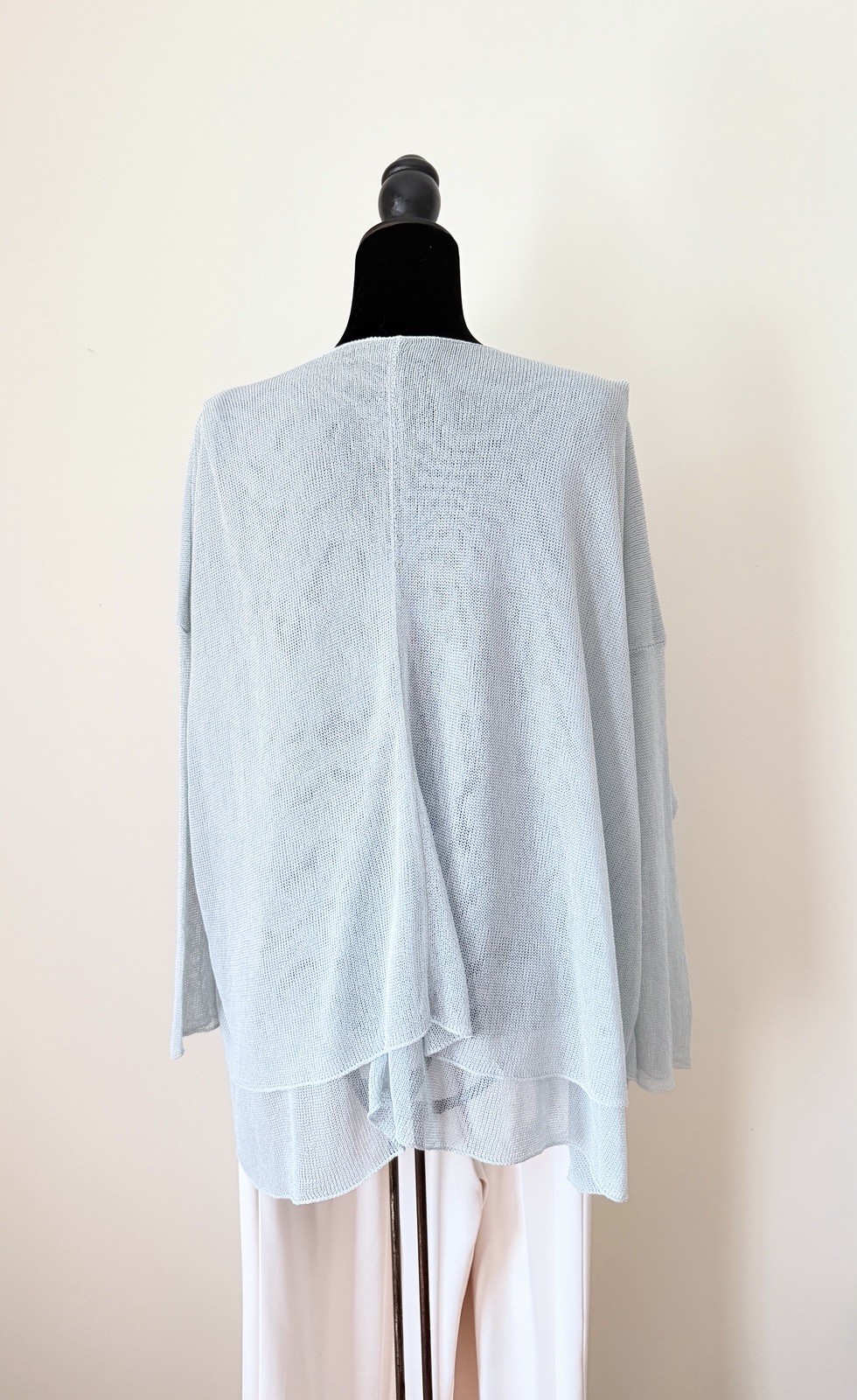 Eskandar Open Knit Sweater Pleated Shoulder Soft Sage Blue Layered Linen Blend