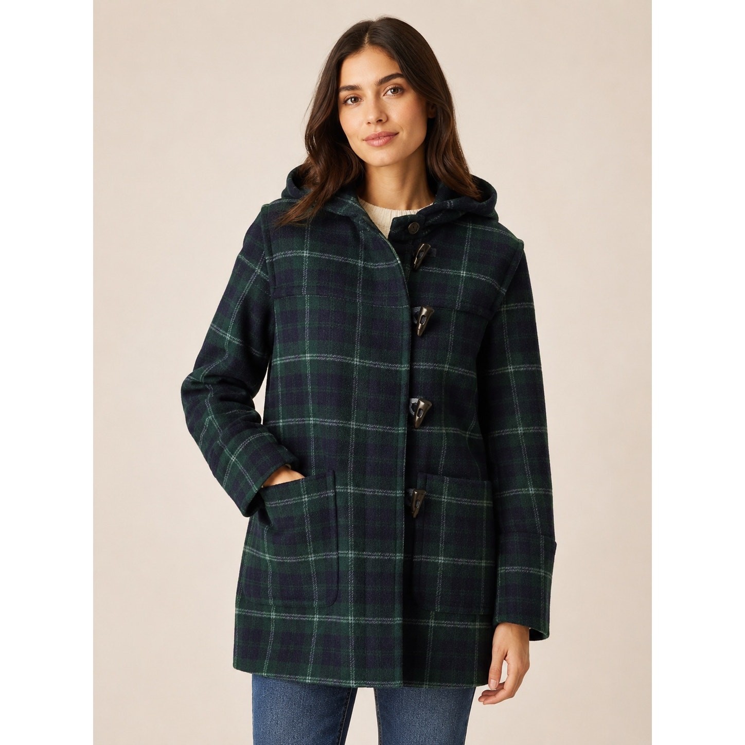 J.Crew Wool-Blend Hooded Toggle-Button Duffle Coat – Black Watch Plaid – Size 2