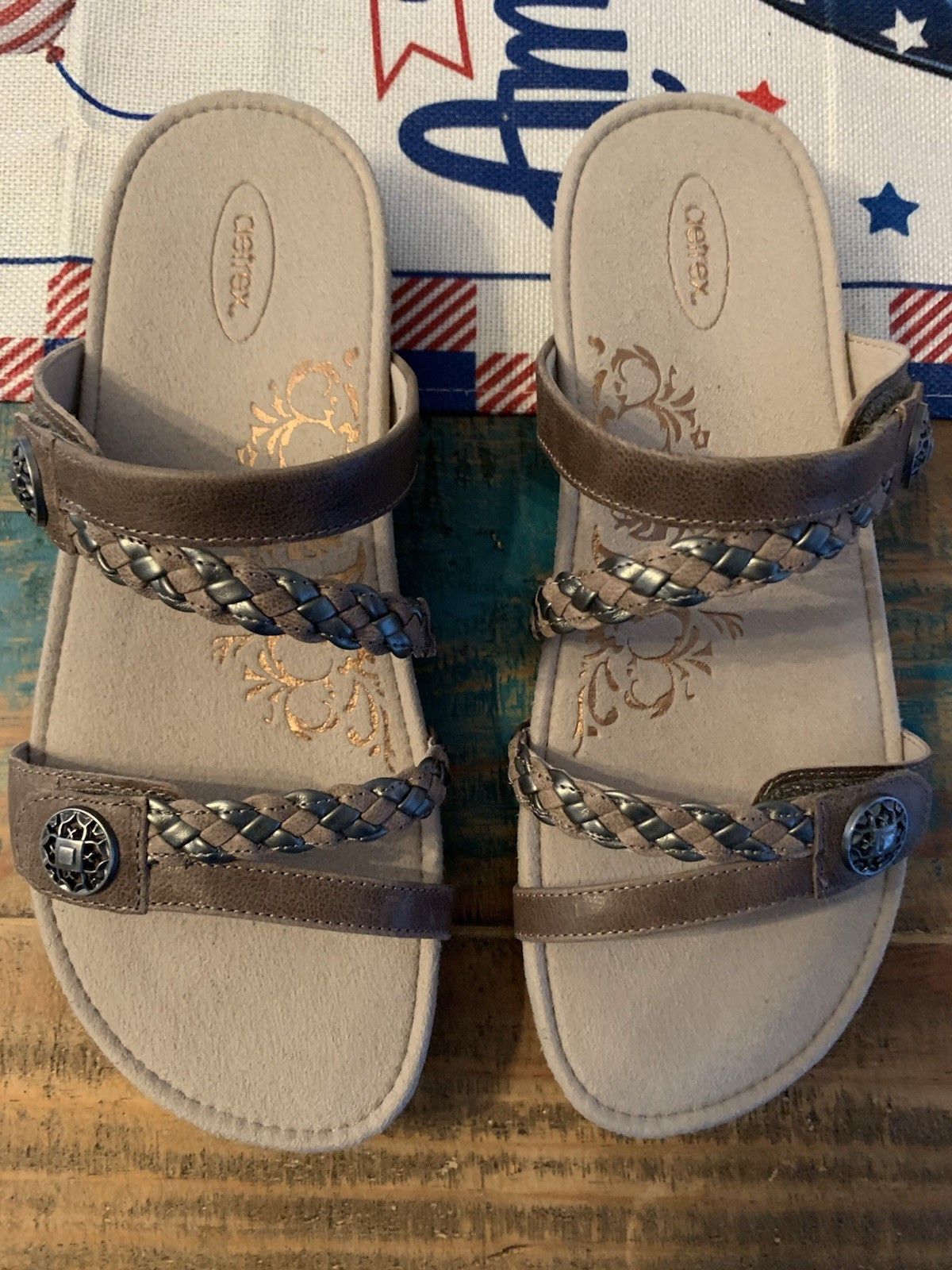 Aetrex Janey Braided Sandals Slide Womens 9.5 Tan Leather Adjustable Strap New