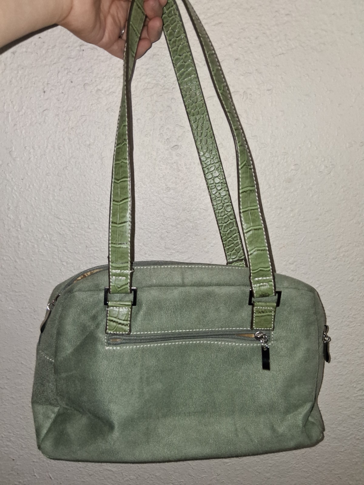 Green Suede Shoulder Bag Buckle Accent Zipper Closure Inner Pockets Classic