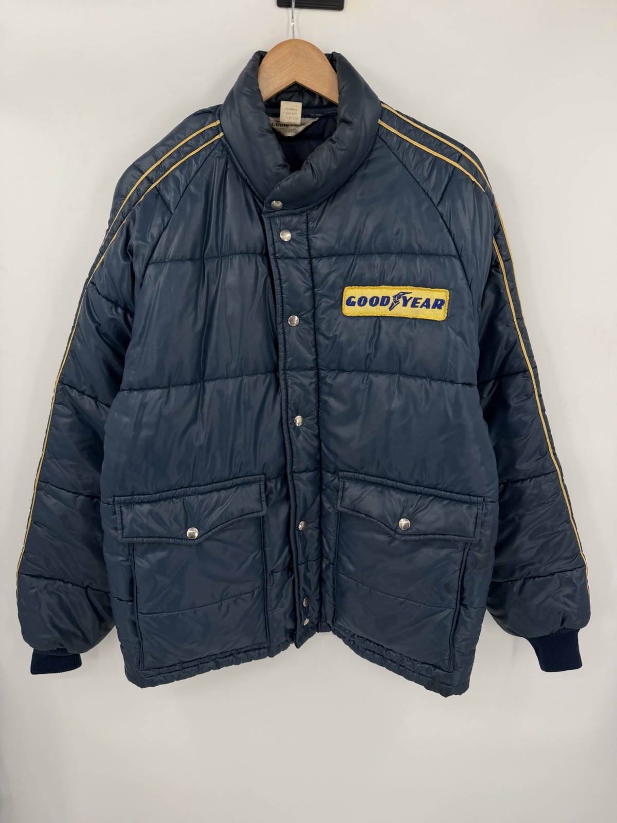 Vintage Goodyear Patch Racing Jacket Mens Size XL Blue Full Zip Puffer Insulated