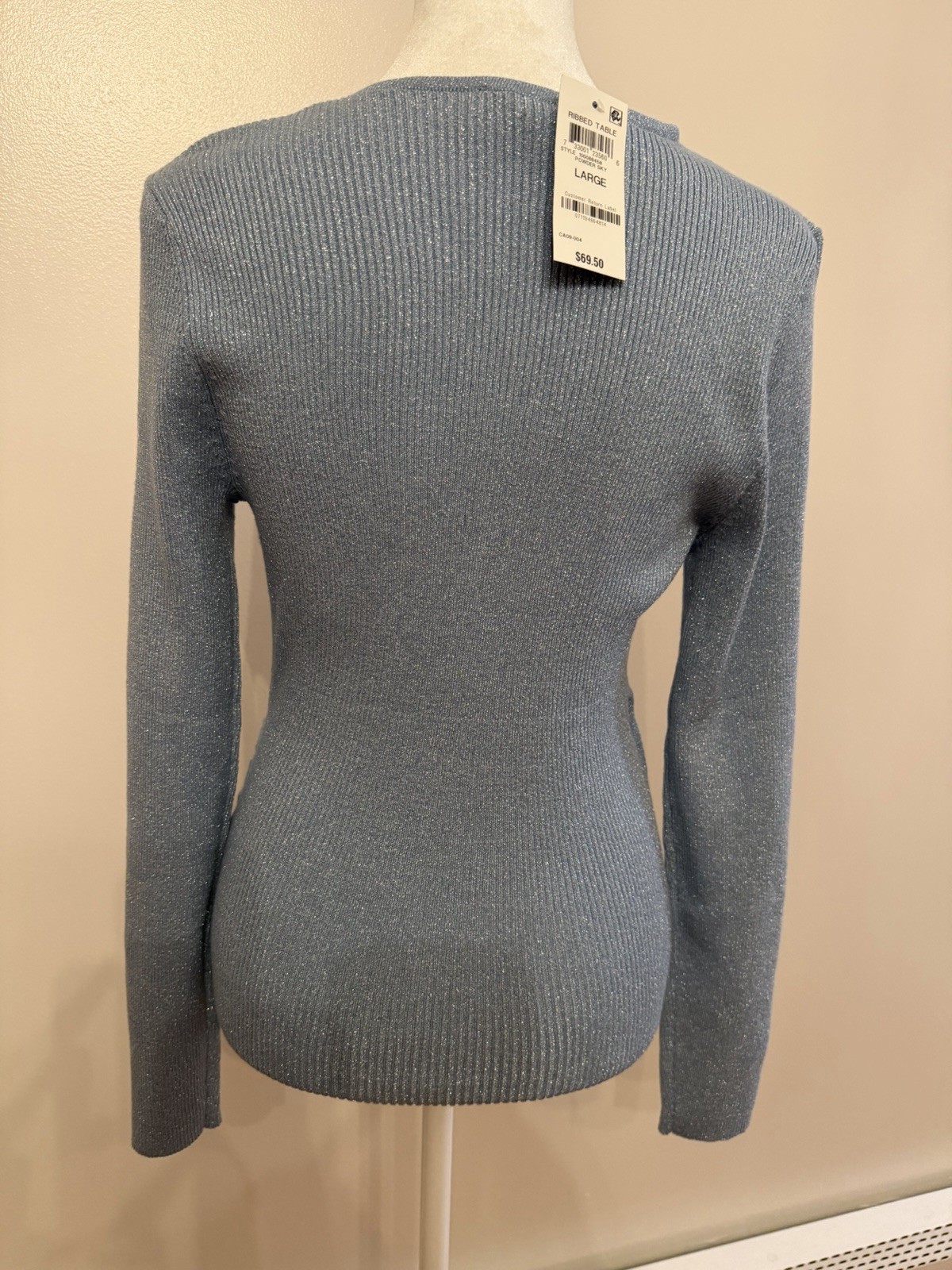 NWT Ribbed Wrap Sweater Powder Sky Blue Metallic Ring Detail Size L