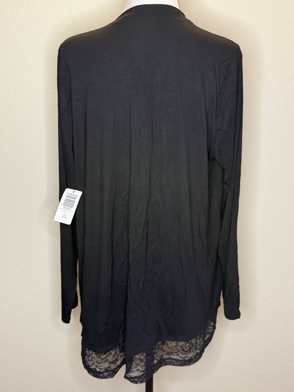 Torrid Super Soft Cardigan Lace Trim Black Drape Front Size 1 NWT
