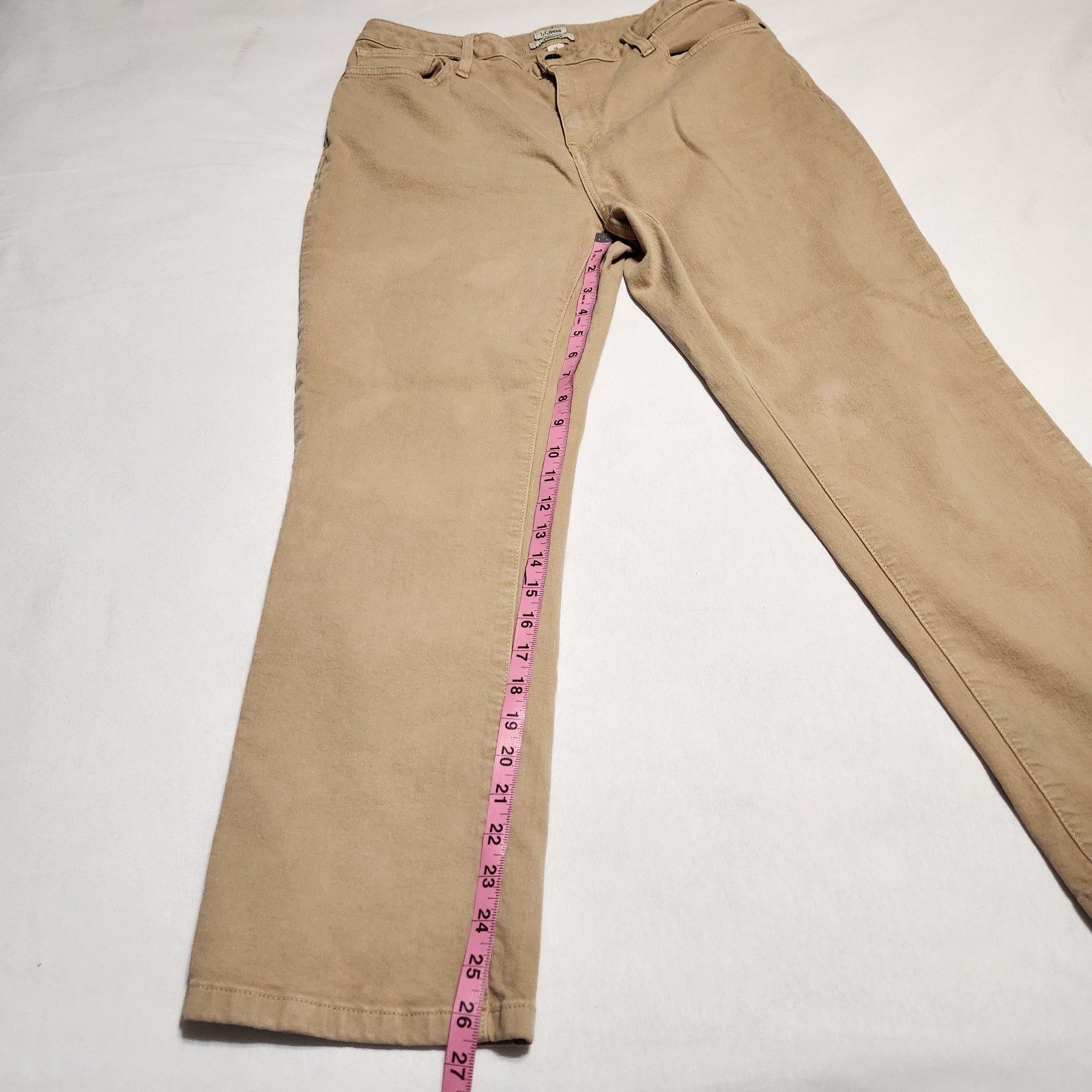 LL Bean Classic Fit Womens 14 Petite Tan Khaki Stretch Denim Jeans Straight Leg