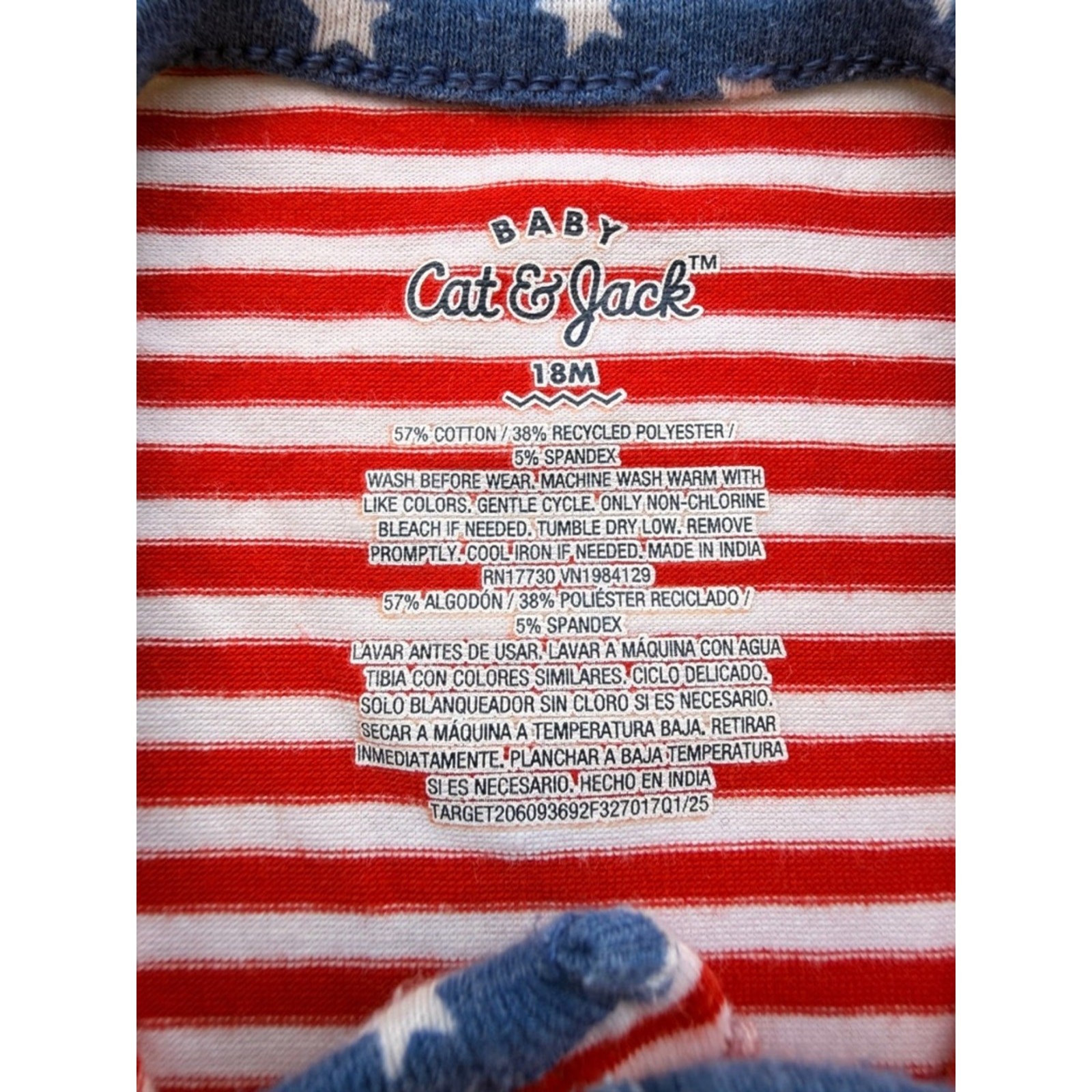 🎇 Cat & Jack Patriotic Red White Blue Baby Romper 4th of July Outfit 18M