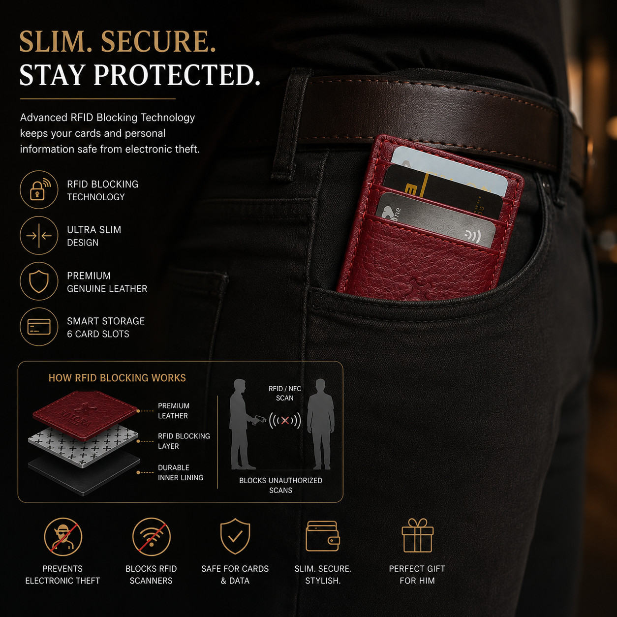 XALORA Slim Leather Wallet RFID Blocking Minimalist Front Pocket Card Holder