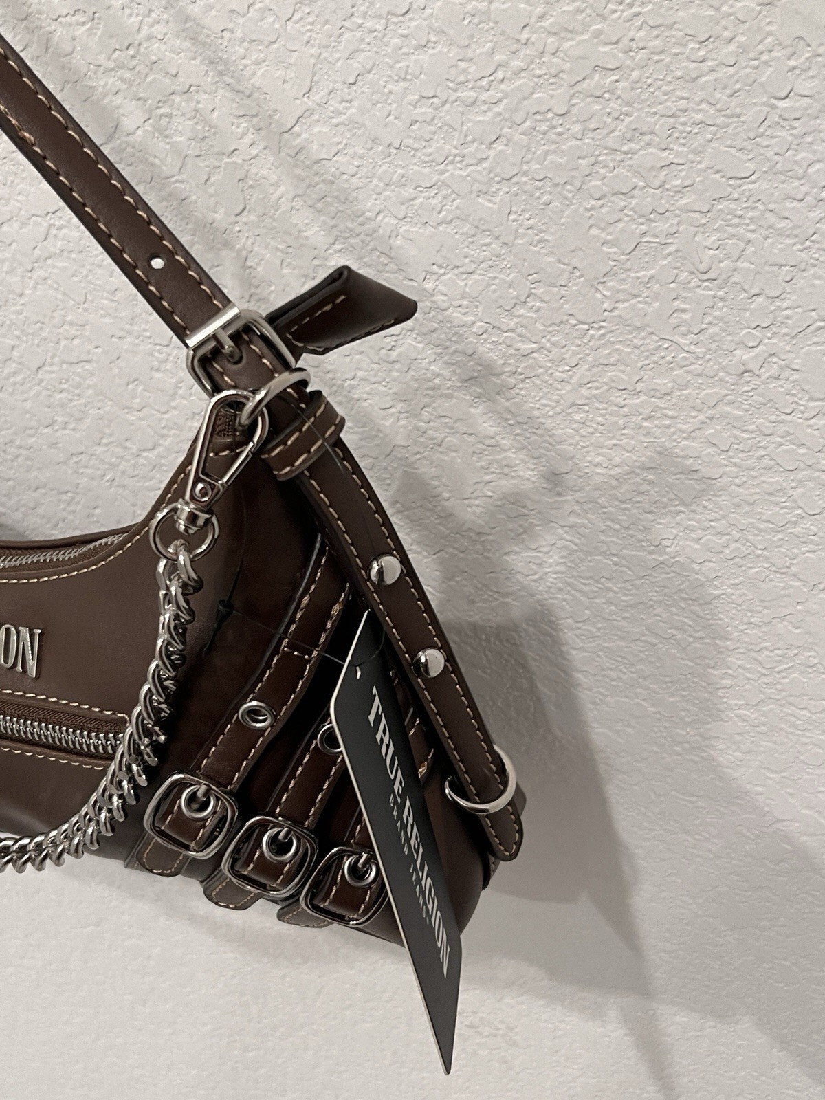 True Religion Brown Crescent Shoulder Bag Zip Chain & Buckle Accents Silver