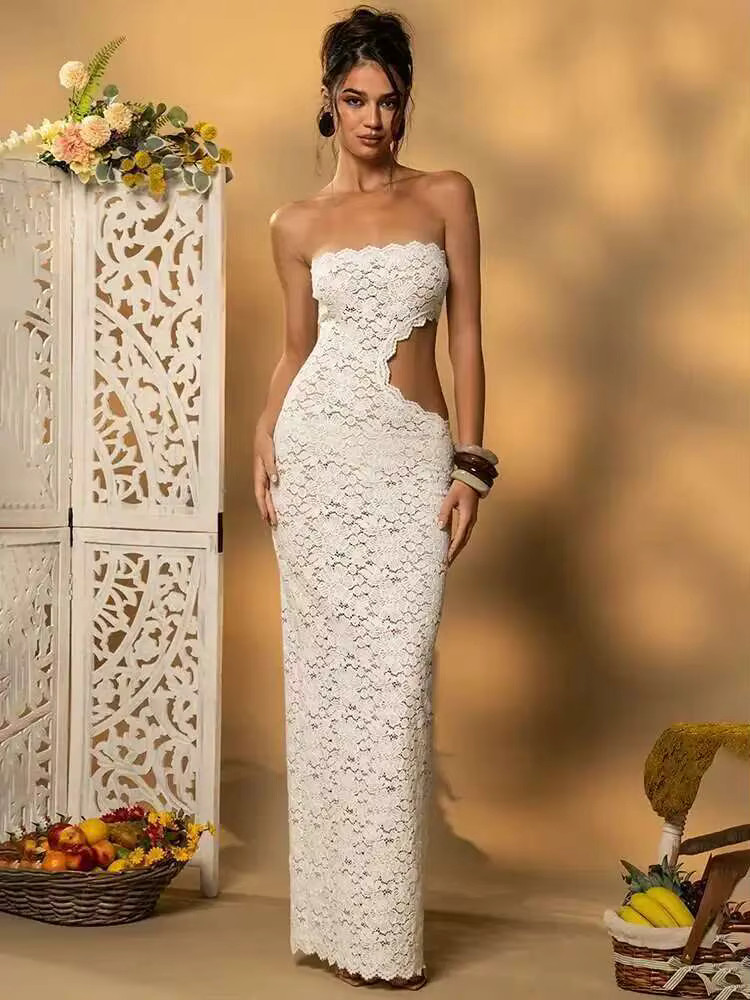 Women’s Backless Sexy Off-Shoulder Maxi Dress – Lace Strapless Hollow Out Club