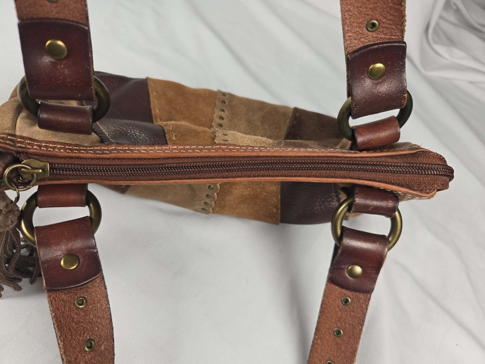 Y2K Shoulder Hobo Bag Brown Boho Leather Suede Patchwork Tassel Western Indie