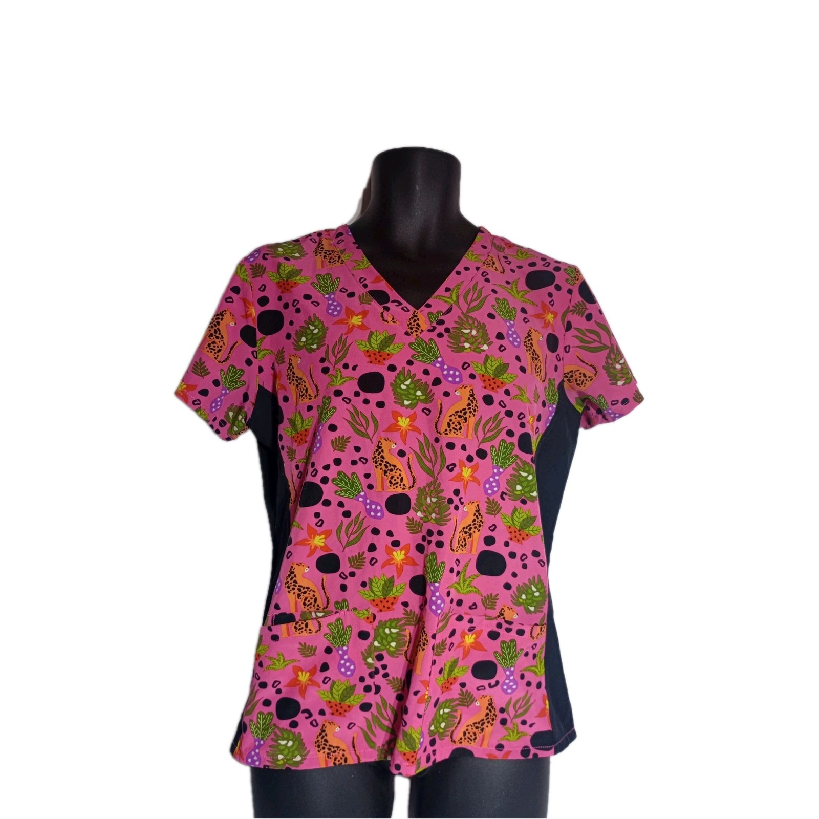 Divine Stretch by JOI Scrub Top Pink Jungle Print Poly Blend GB-5280-9 Sz MEDIUM