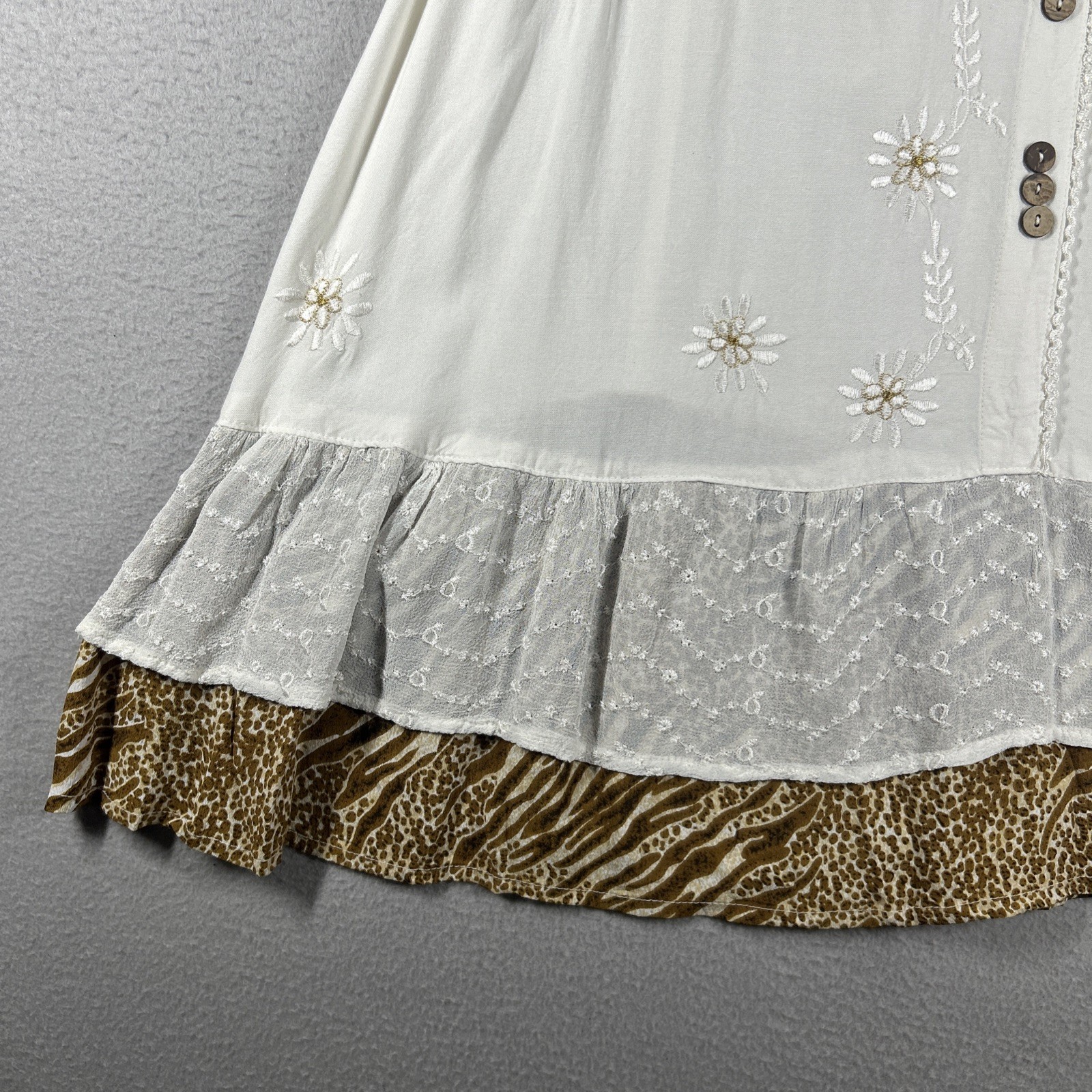 Raya Sun Women’s Size L Boho Embroidered Sundress Lace Trim Hand Wash Beige 38”