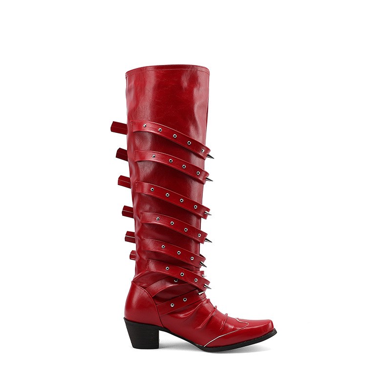 Rivet Cowgirl Knight Boots Women Pointy Toe Multi Buckles Low Heel Western Shoes