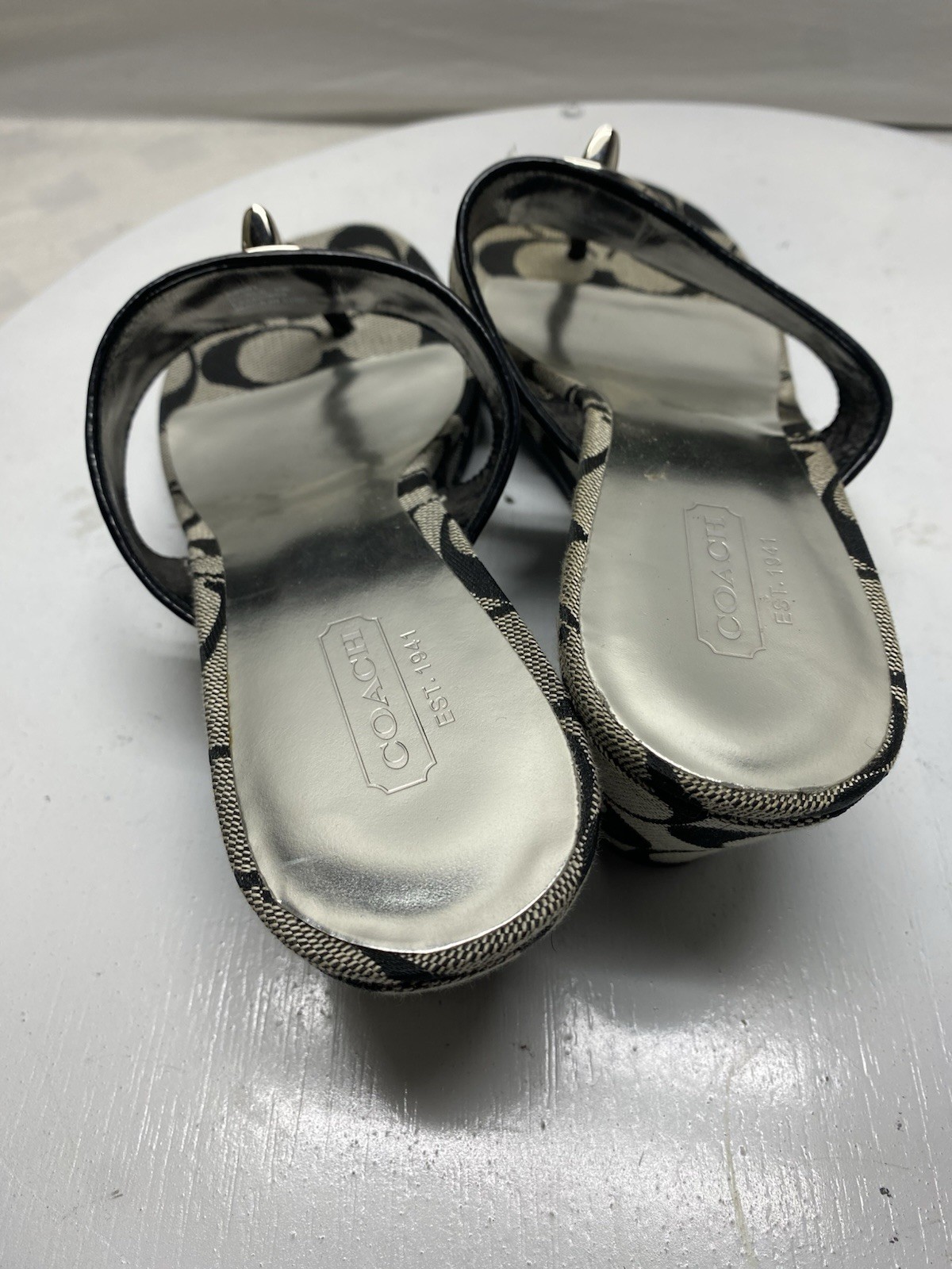 Vintage Coach CC Monogram Black and Beige Wedge Sandals with Turn Lock Size 6