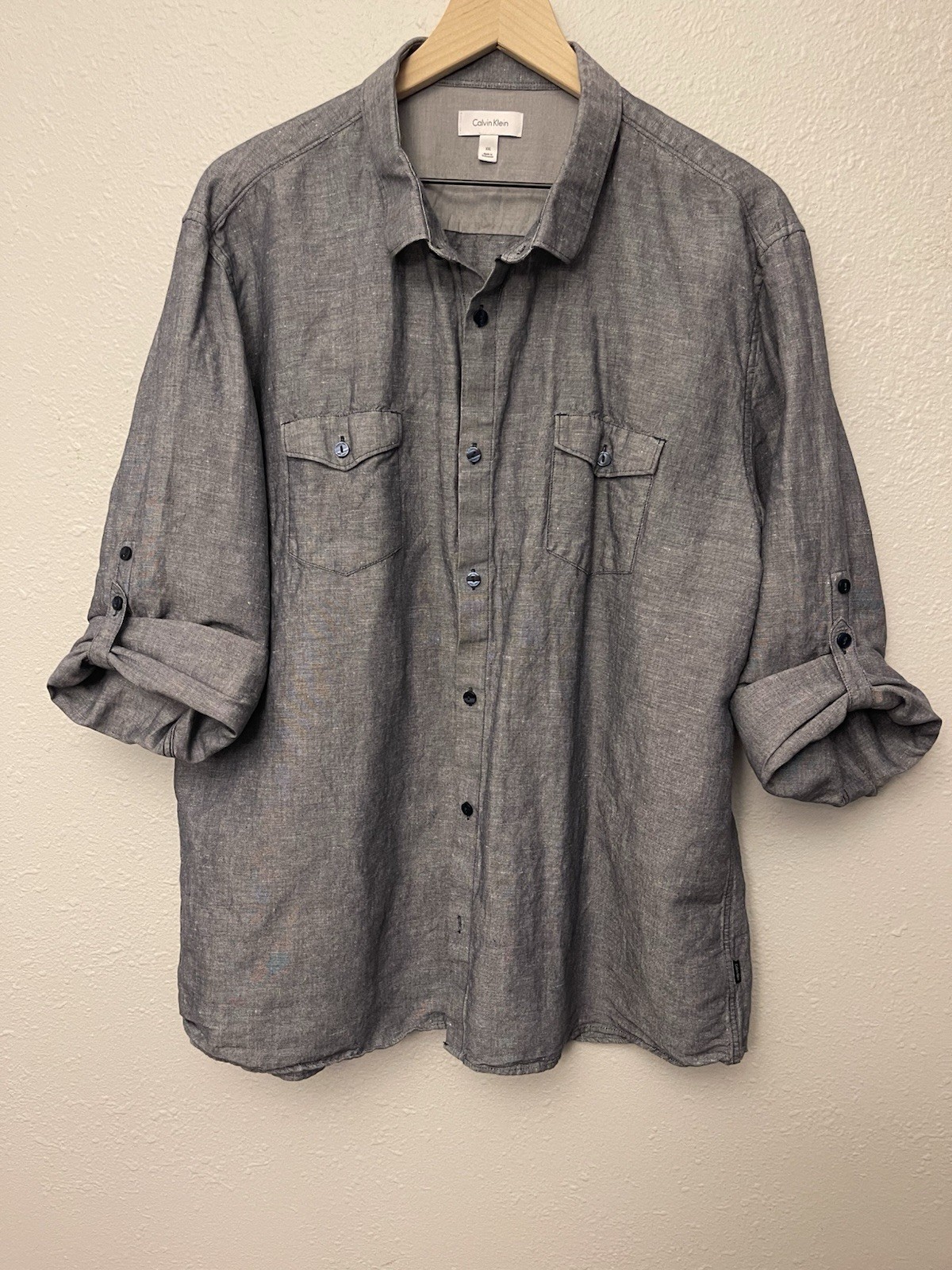 Calvin Klein Charcoal Linen Blend Roll-Up Sleeves Button-Down XXL