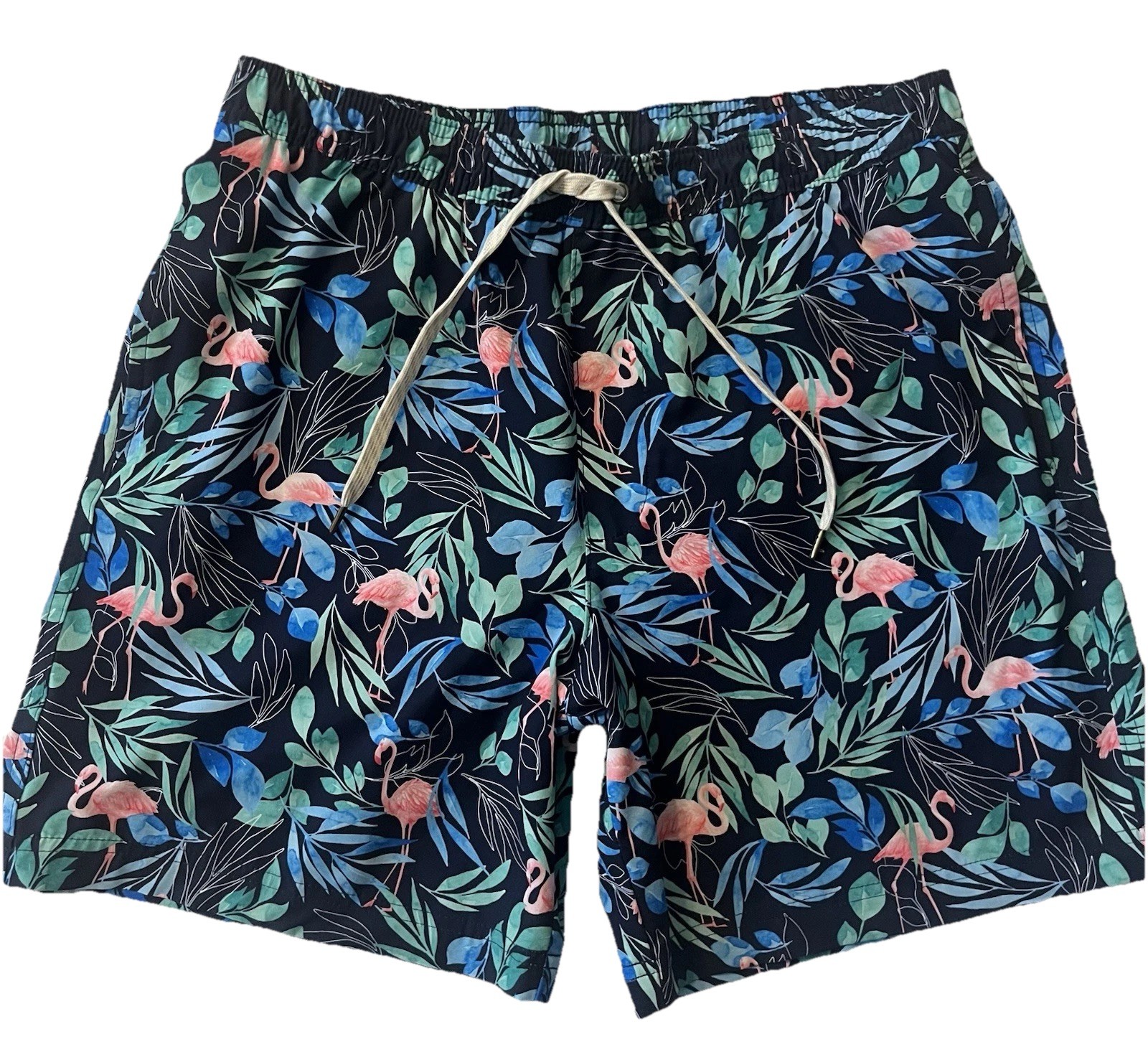 Hawaiian Tropical Flamingo Mesh Lined Elastic Waist Swim Trunks 7” Inseam Medium