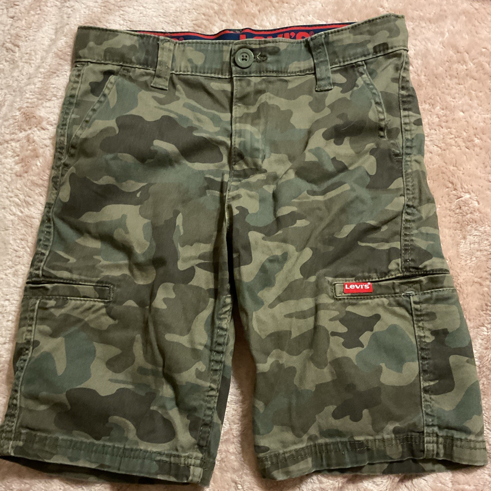 Levi’s Boys Size 12 Green Camo Cargo Shorts Cotton Twill Zip Pockets