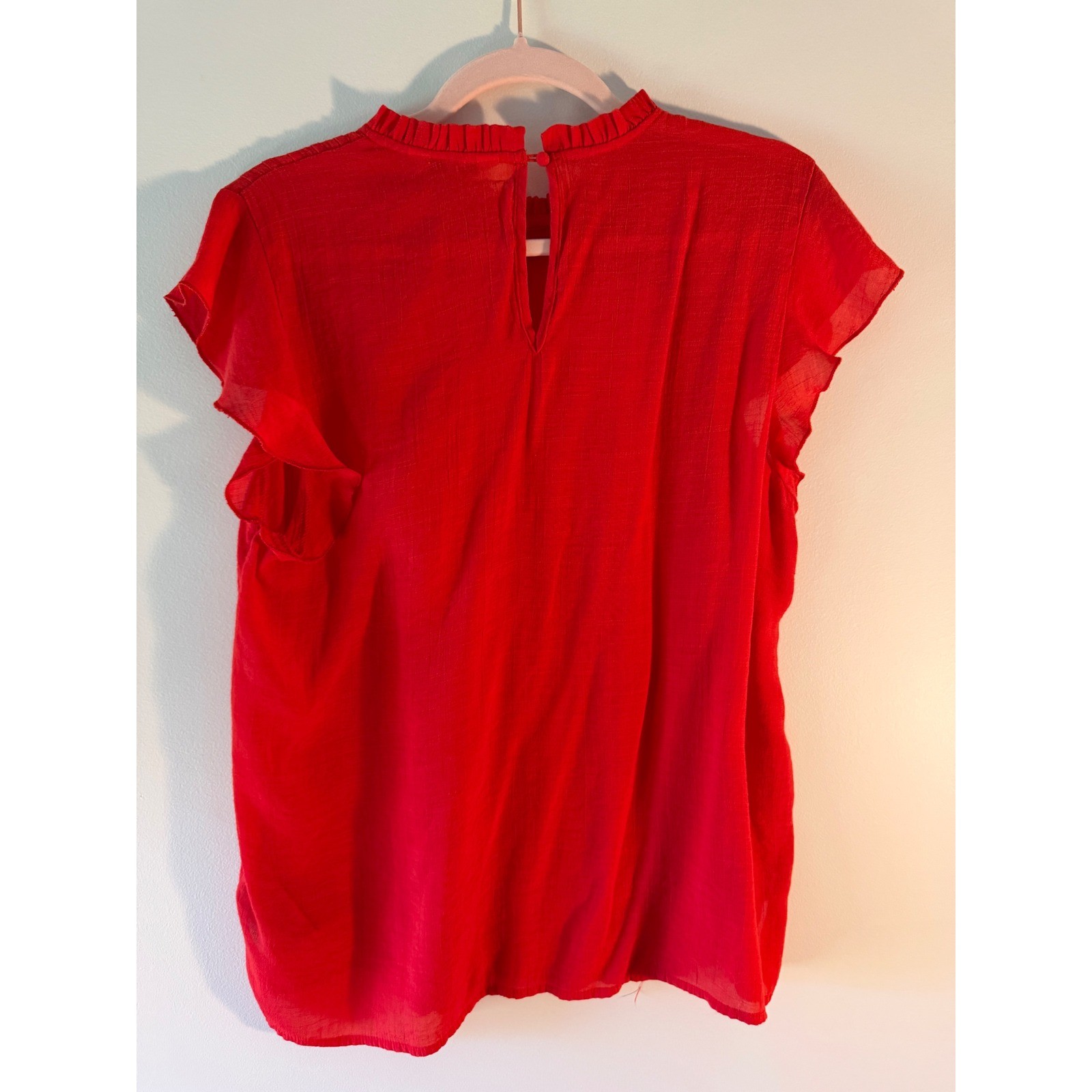 Nanette Lepore Red Pleated Flutter Sleeve Blouse Lace Trim Ruffle Neck Large