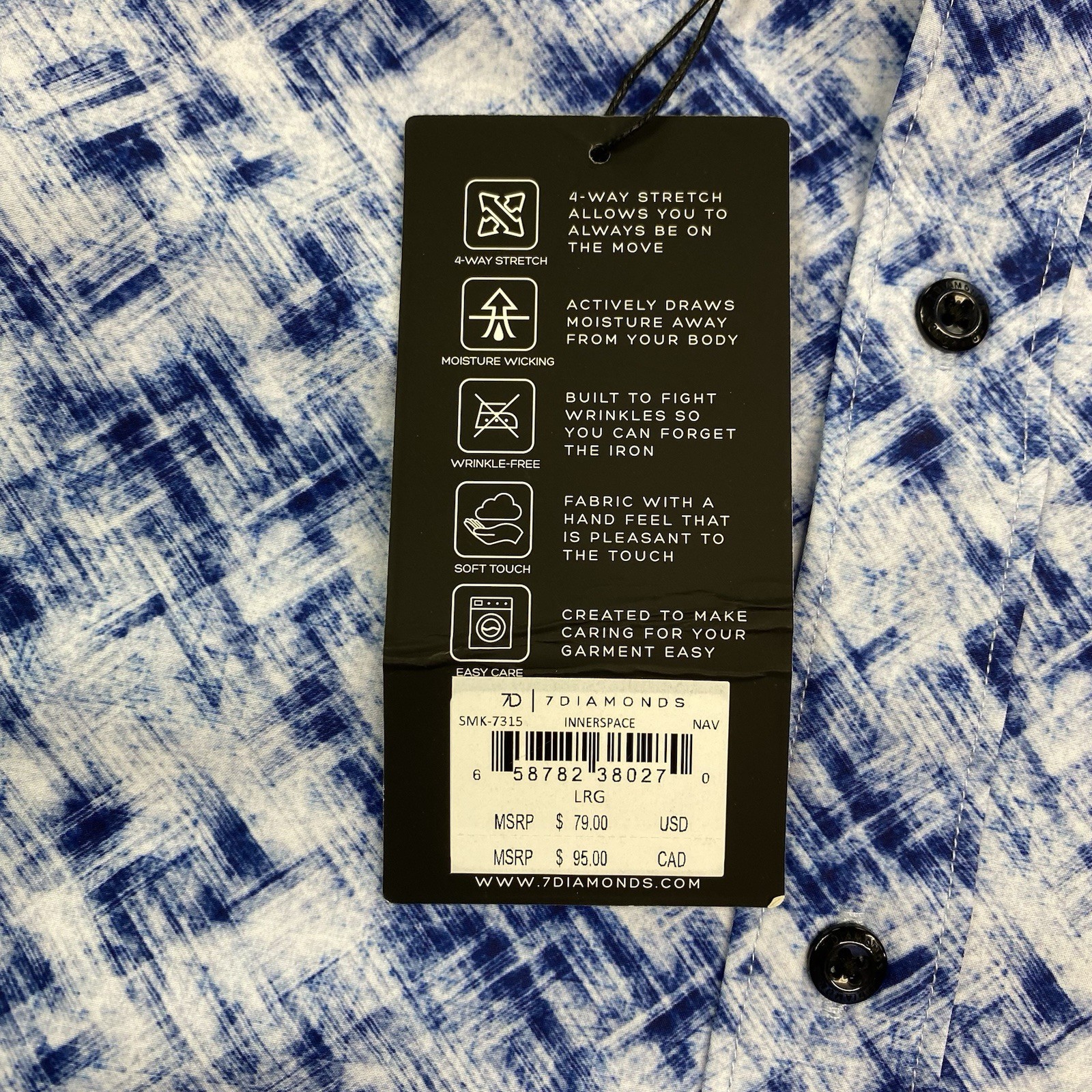 7 Diamonds Shirt Mens Large Blue Button Up 4 Way Stretch Geometric Short Sleeve