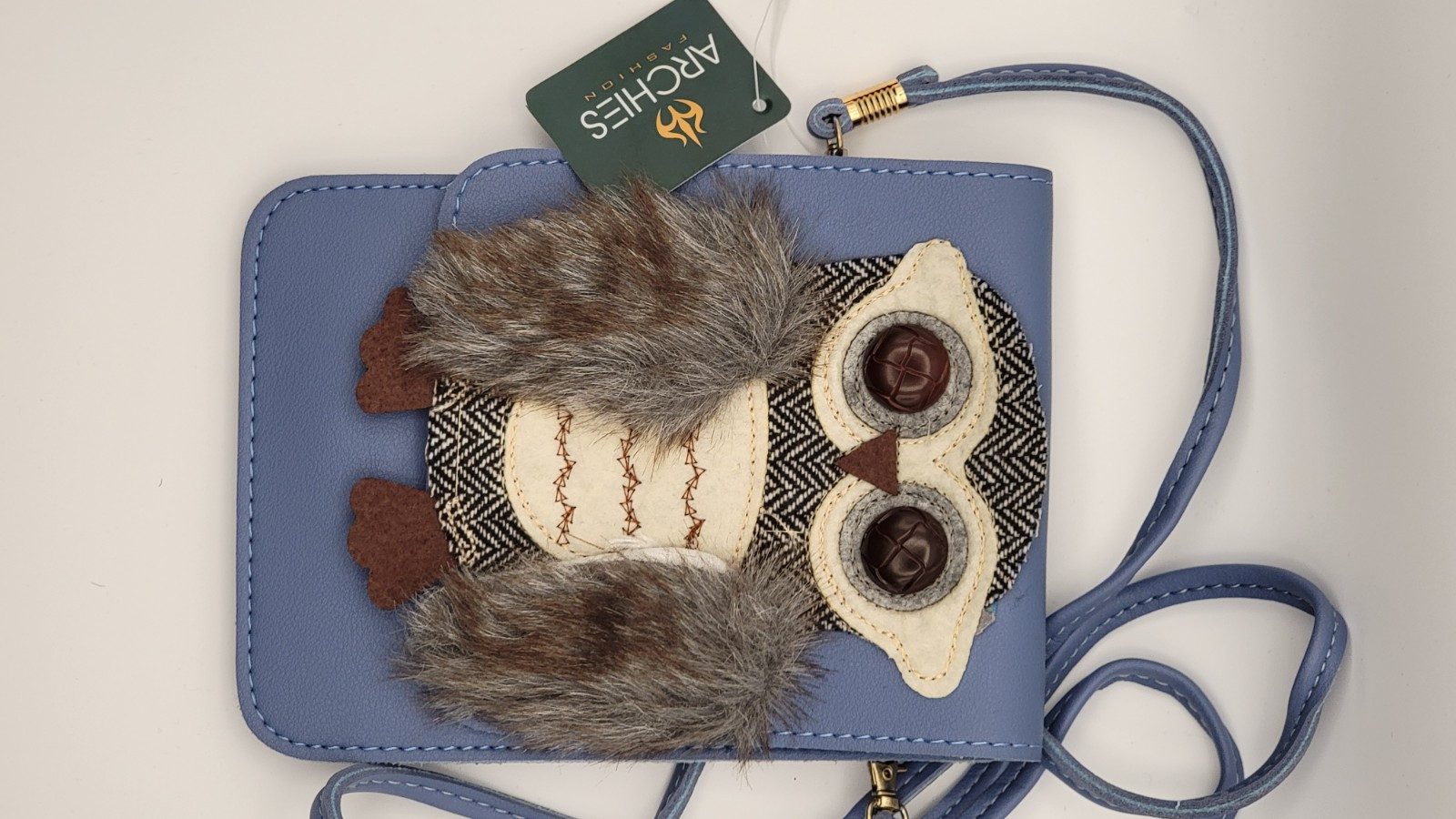 Archies Fashion Owl Crossbody Purse. Faux Leather In Blue.