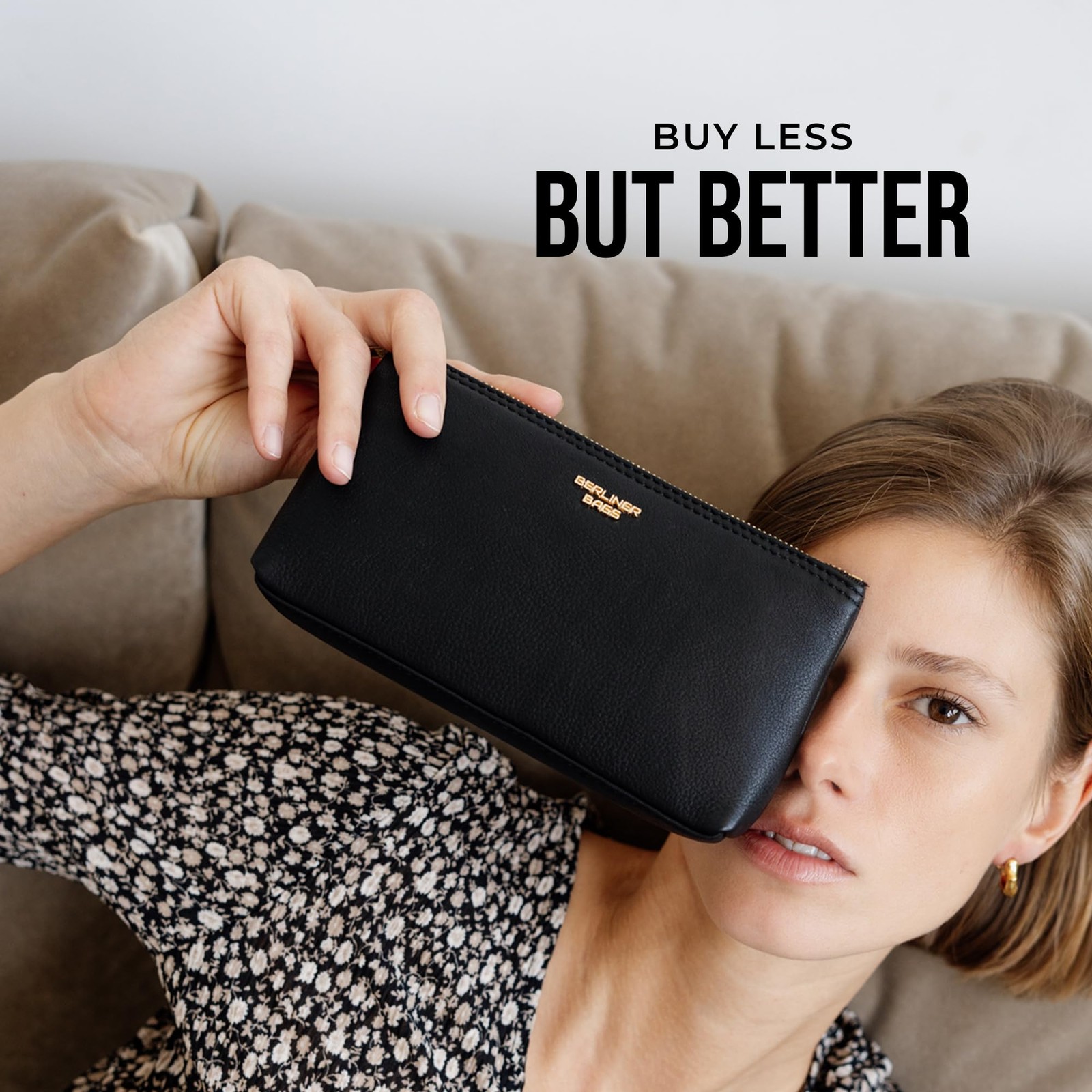 BERLINER BAGS Premium Genuine Leather Makeup Bag Anna, XS, Black/Gold