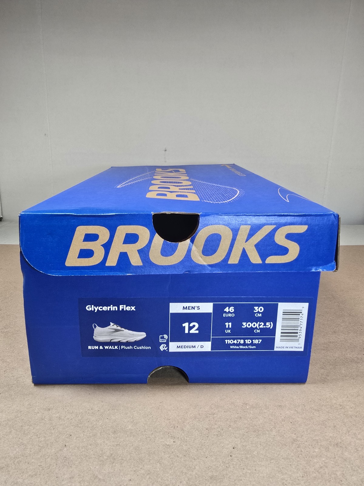 Size 12 Brooks Glycerin Flex Men’s Running Shoe White/Black/Gum NIB Run & Walk
