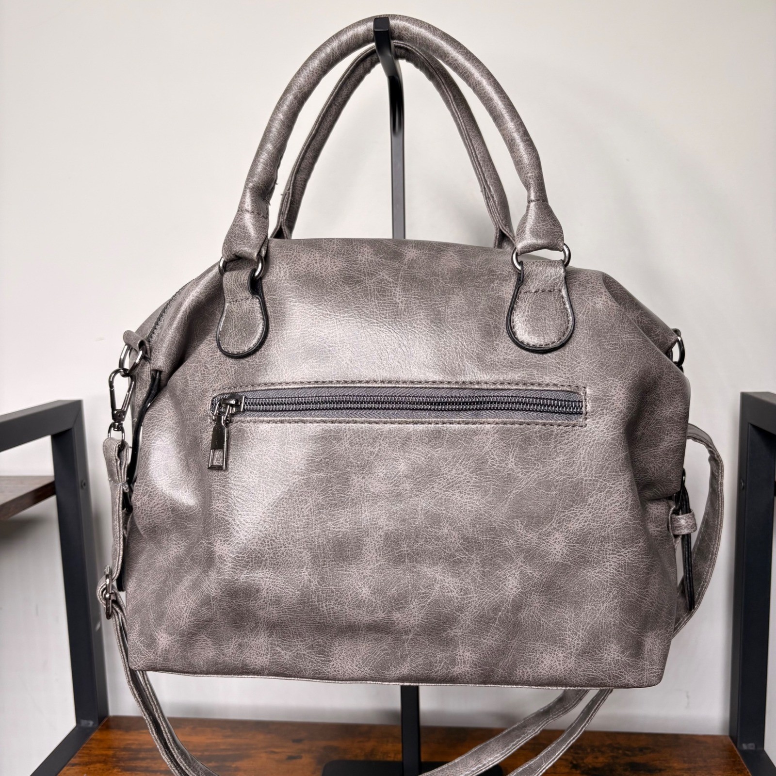 Gray Faux Leather Satchel Handbag Crossbody Bag Side Buckles Gunmetal Hardware