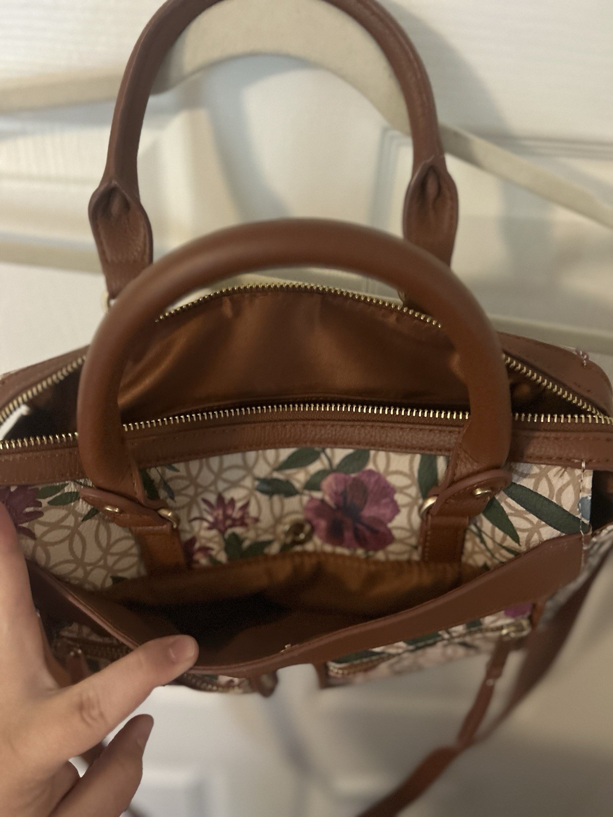 Floral Beige Satchel Top Handle Bag Detachable Crossbody Strap Zip Pockets