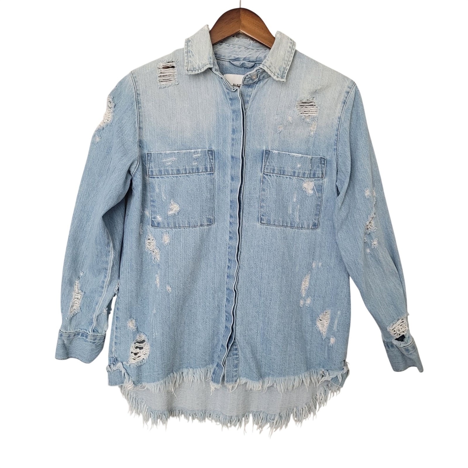 Pistola Distressed Button-Down Denim Shirt Size XS Blue Frayed Hem NWOT