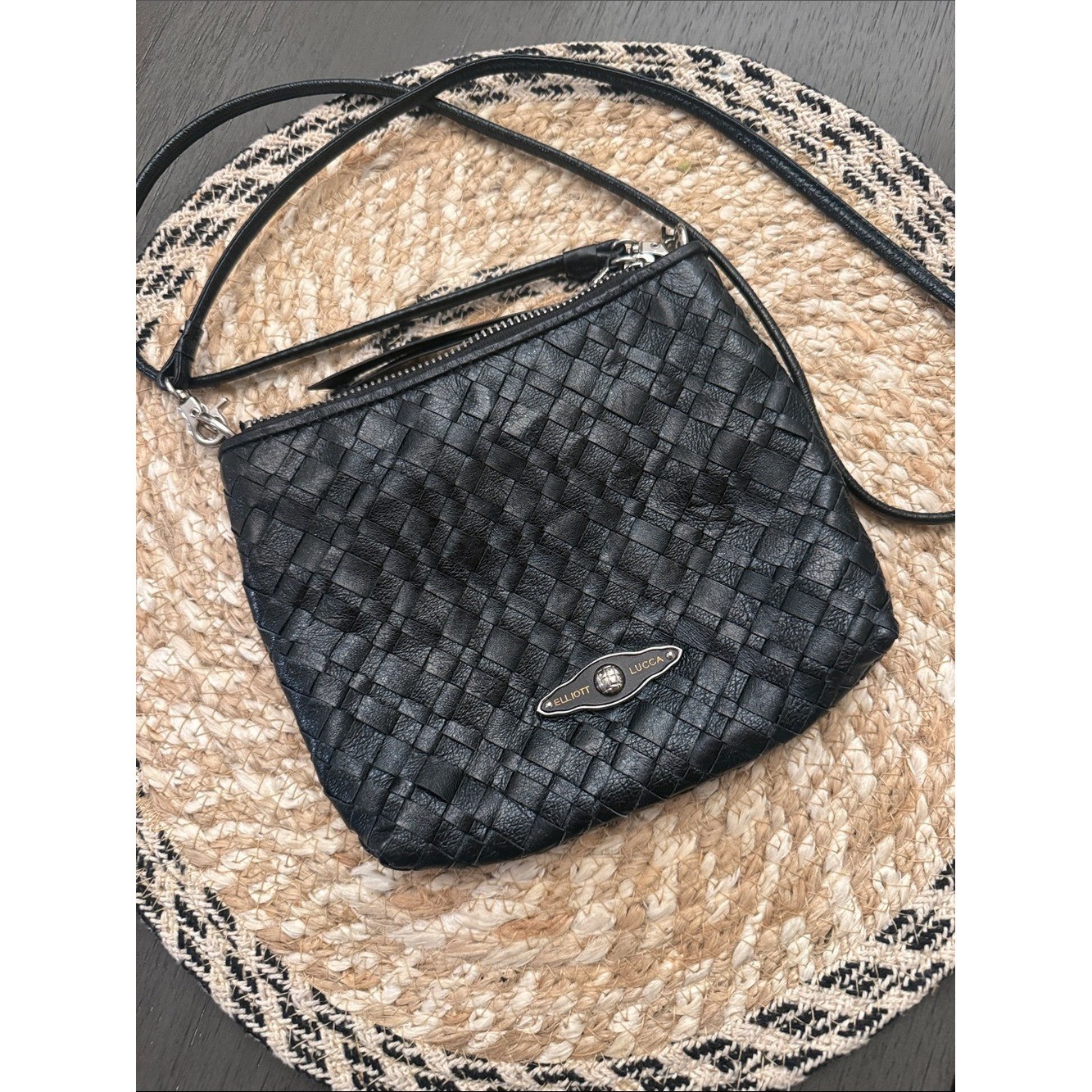 Elliott Lucca Black Woven Leather Crossbody Bag Small Zip Top Purse Handbag