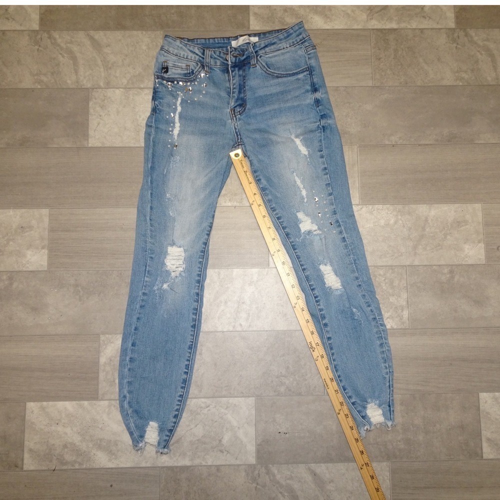 KanCan Women Blue Distressed Embellished Skinny Jeans Size 3