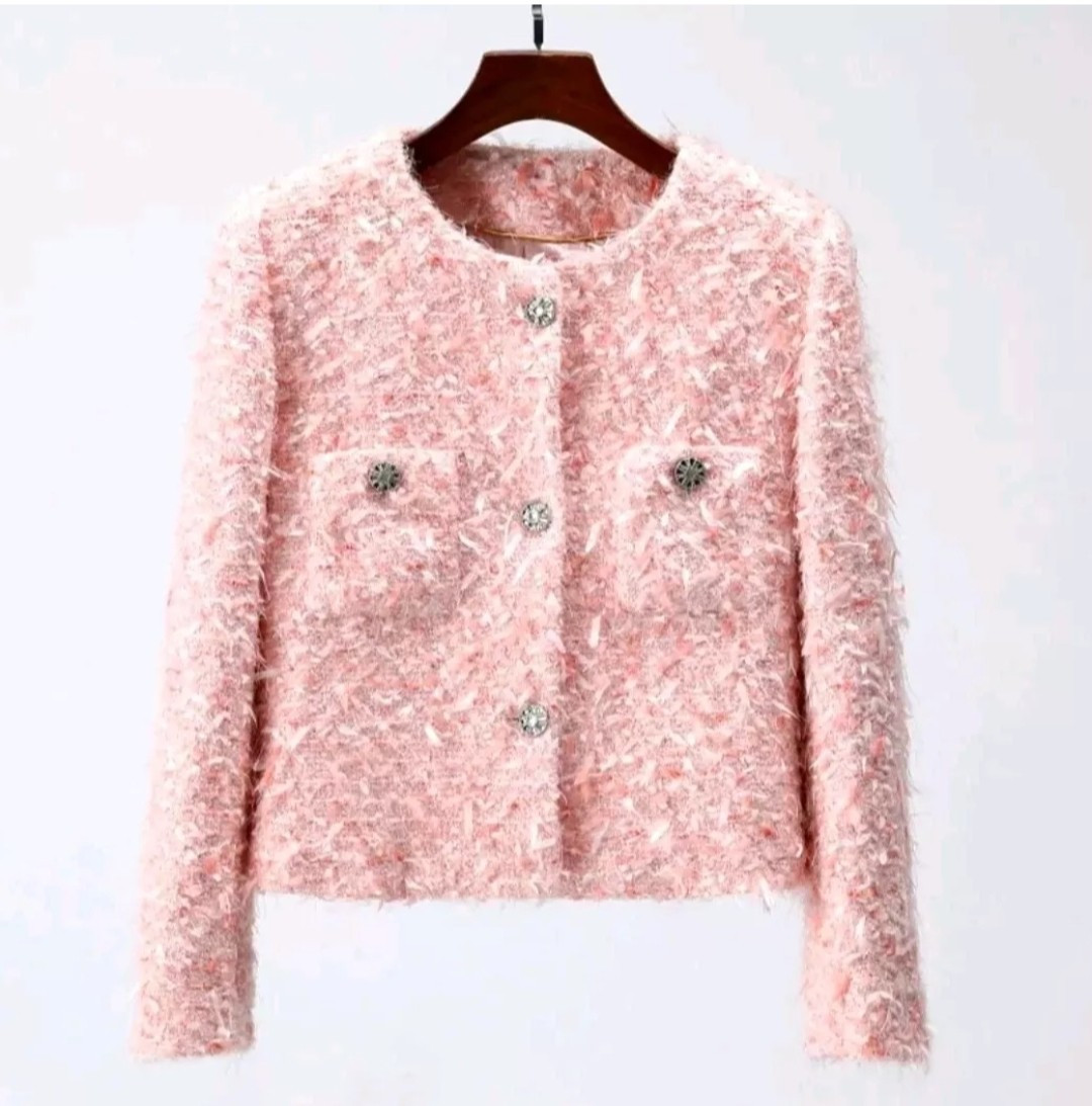 Handmade tweed boucle Pink jacket With Fluffy Knitted Fringes Size M,L,XL,XXL