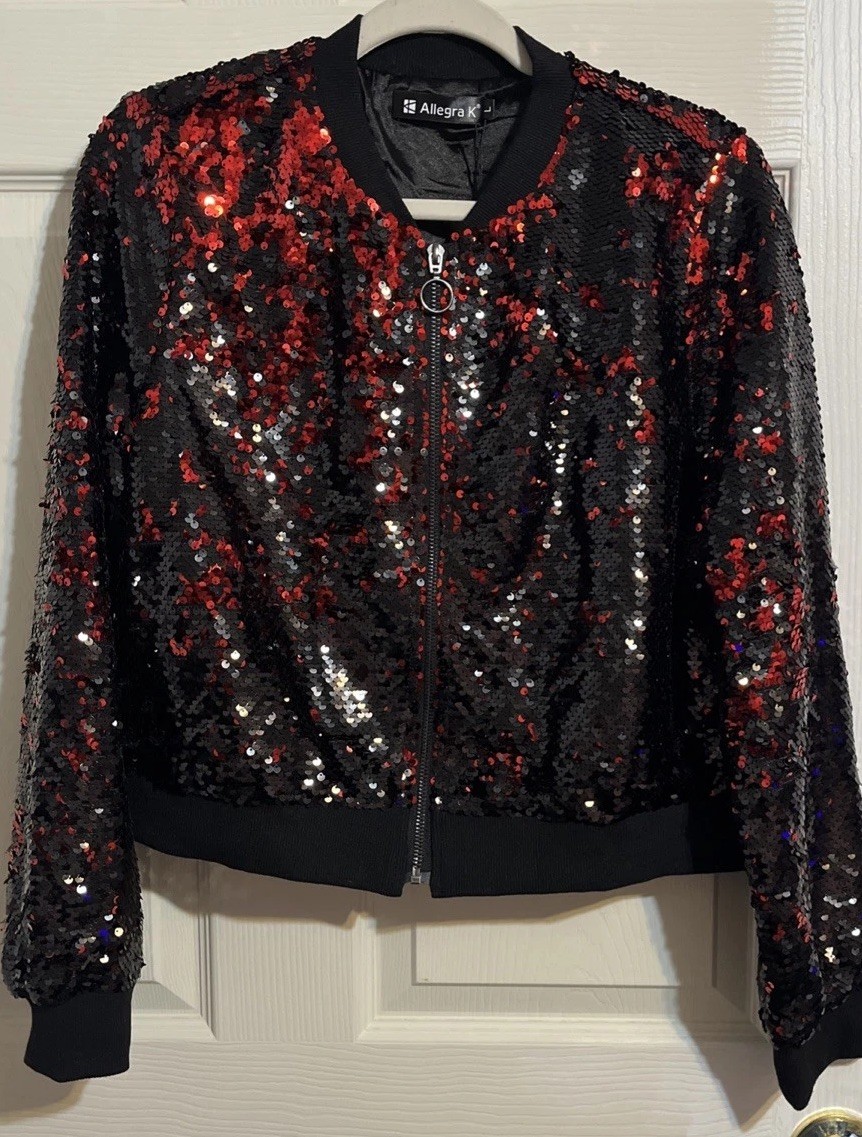 Women’s Allegra K Red Zip Up Sequin Bomber Jacket Sparkly Party NWT Sz L #1785