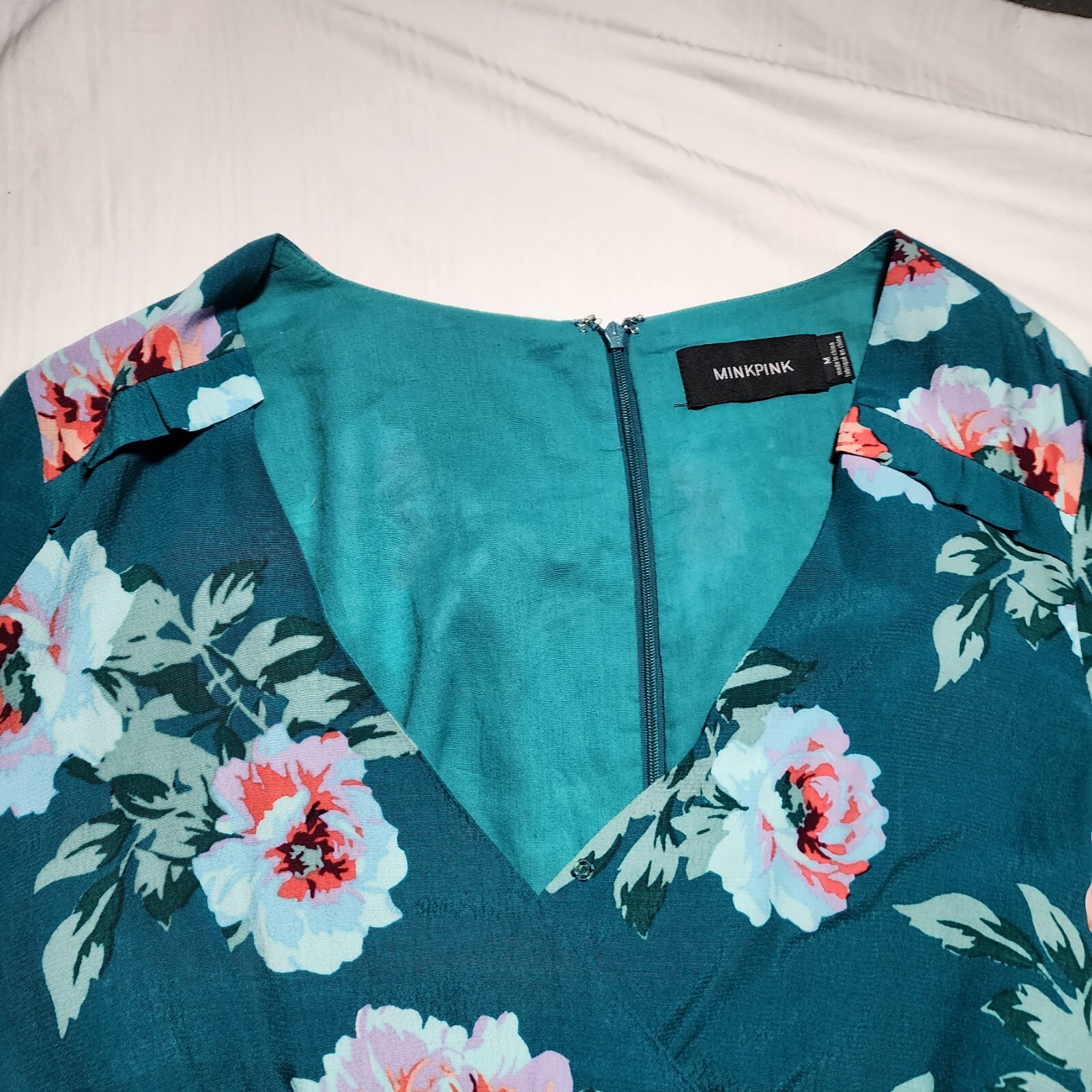 Minkpink Romper Womens Medium Green Pink Floral Short Long Sleeve Ruffles V Neck