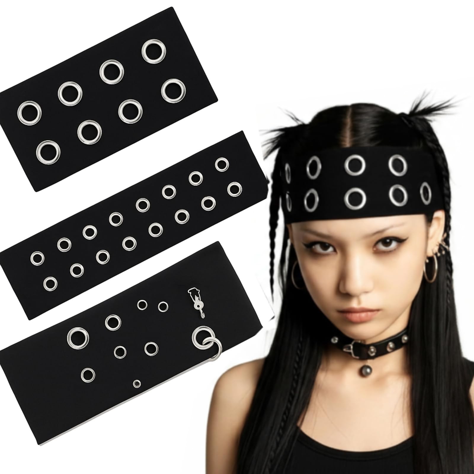Maysing 3 Pcs Women Grommet Headband Y2k Punk 1 Count (Pack of 3), Black
