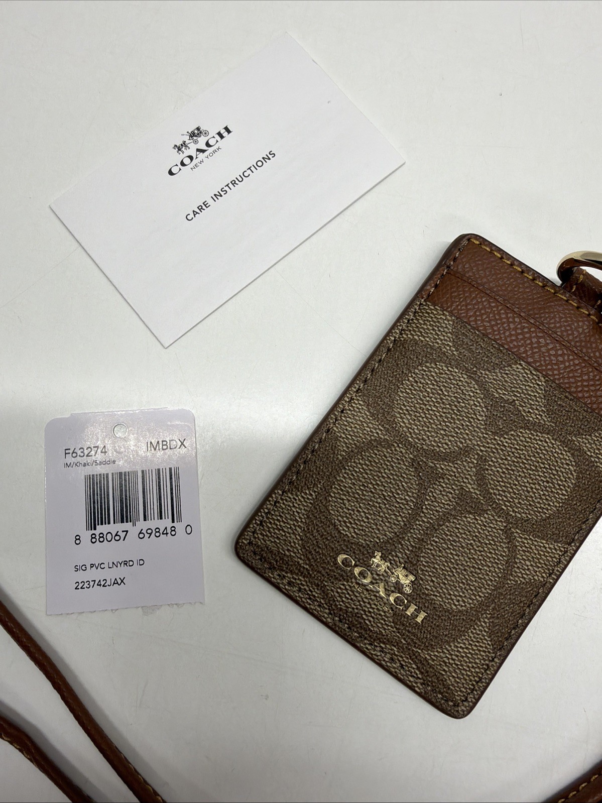 Coach ID Lanyard Card License Holder Signature Leather Jacquard Gold Tan Brown