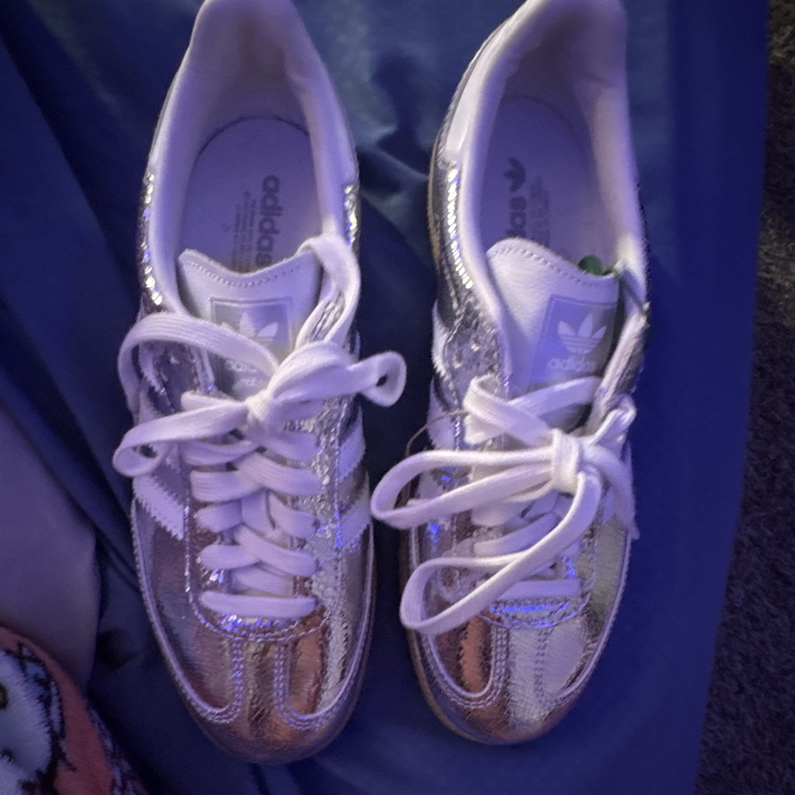 adidas Samba Silver Metallic/White Low Top Lace-Up Sneakers Gum Rubber Sole