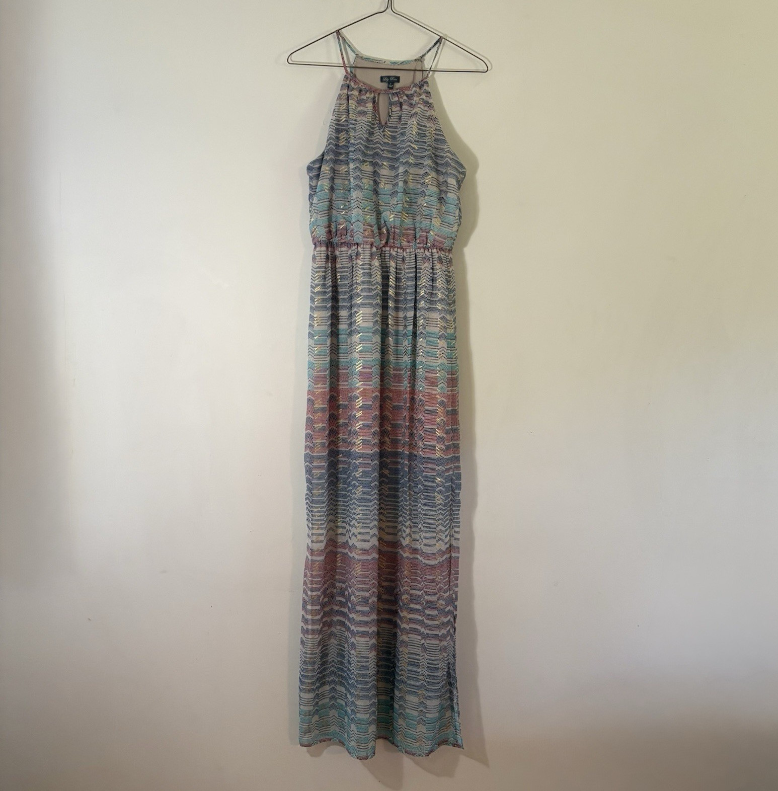 Lily Rose Women’s S Multicolor Geometric Halter Long Maxi Dress Metallic Poly