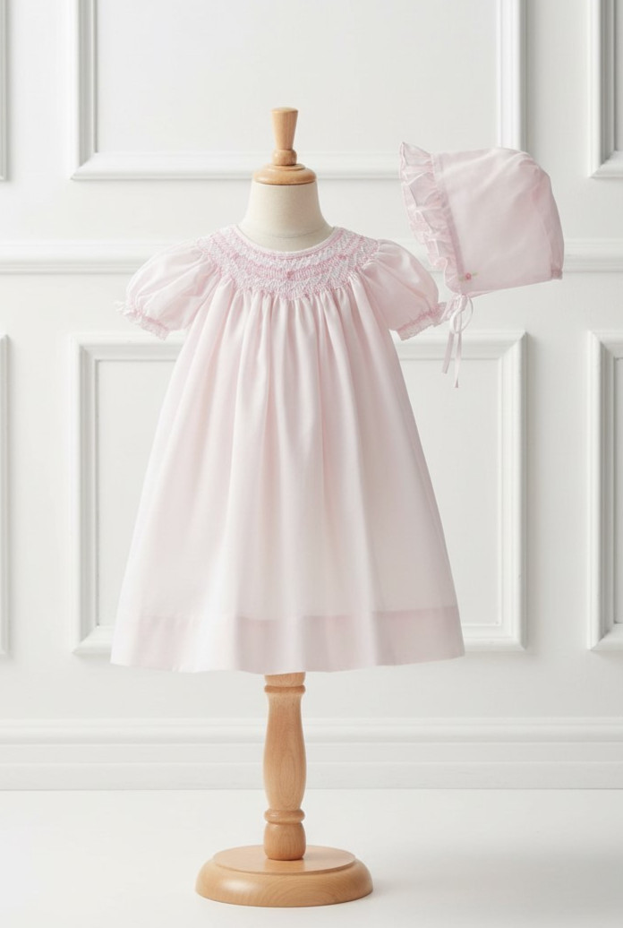 NWT Petit Ami Pink Bishop Smocked NEWBORN Baby Girls Dress Bonnet Daygown