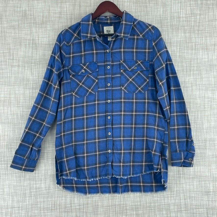 Billabong Shirt Long Sleeve Button Down Womens L raw hem plaid 3631