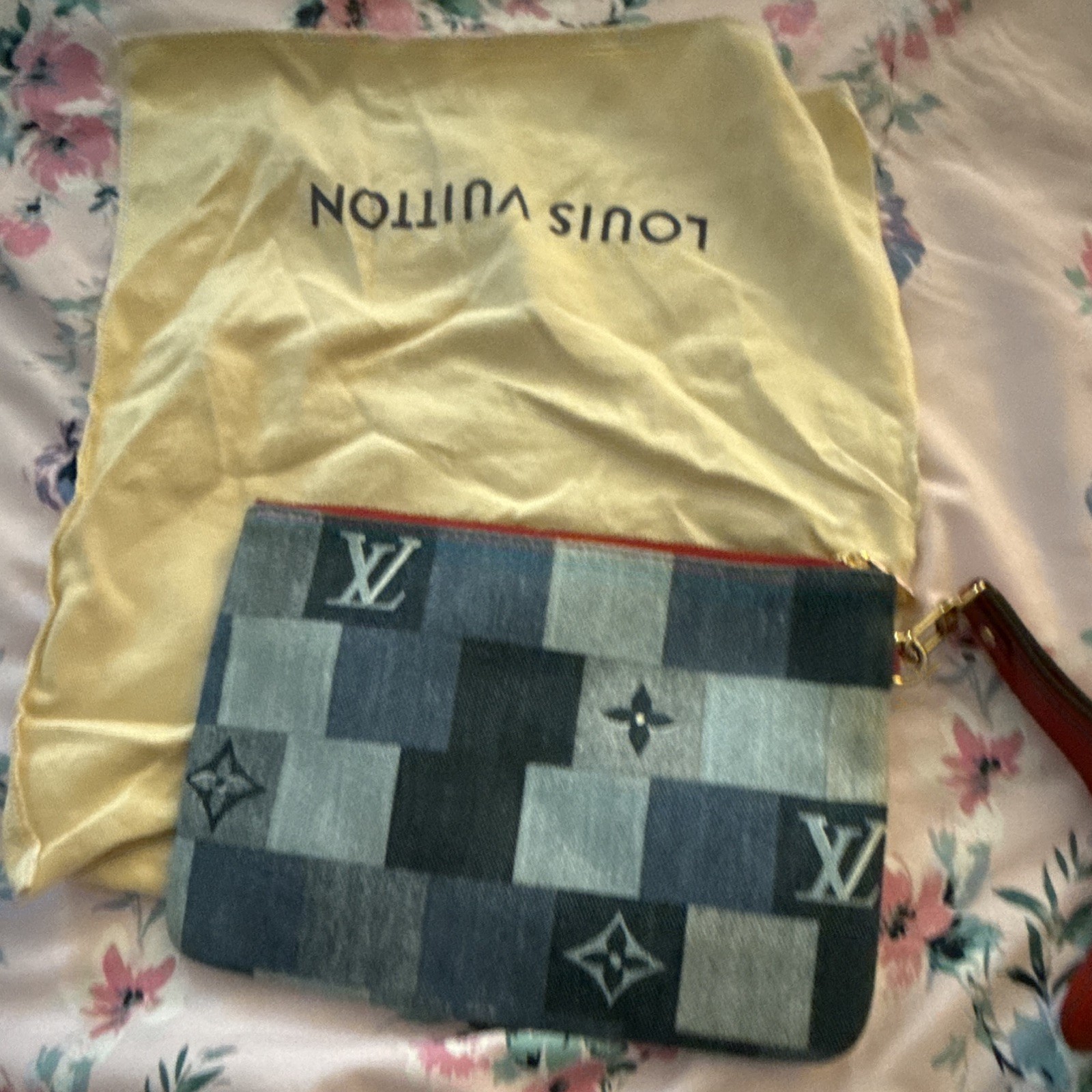 Louis Vuitton Blue Monogram Zip Wristlet Pouch w/ Wrist Strap & Dust Bag